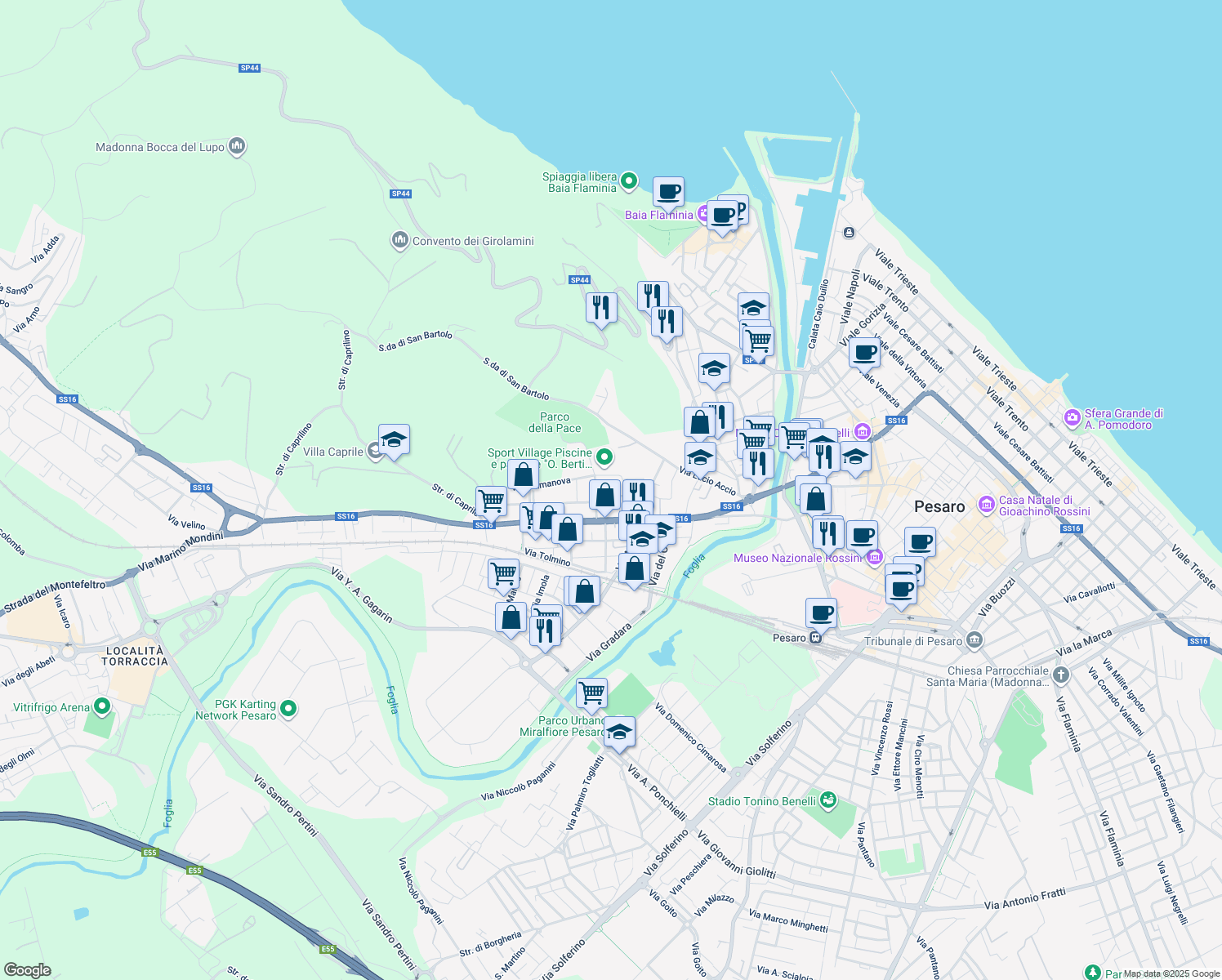 map of restaurants, bars, coffee shops, grocery stores, and more near 56 Strada Adriatica in Pesaro