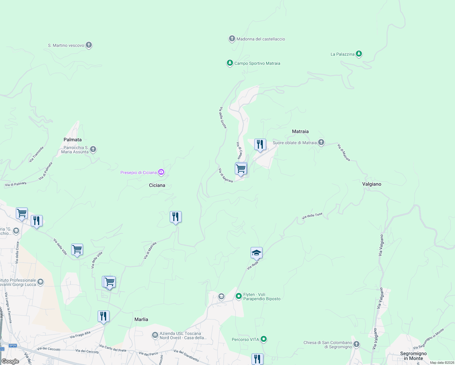 map of restaurants, bars, coffee shops, grocery stores, and more near 24 Via di Matraia in Matraia