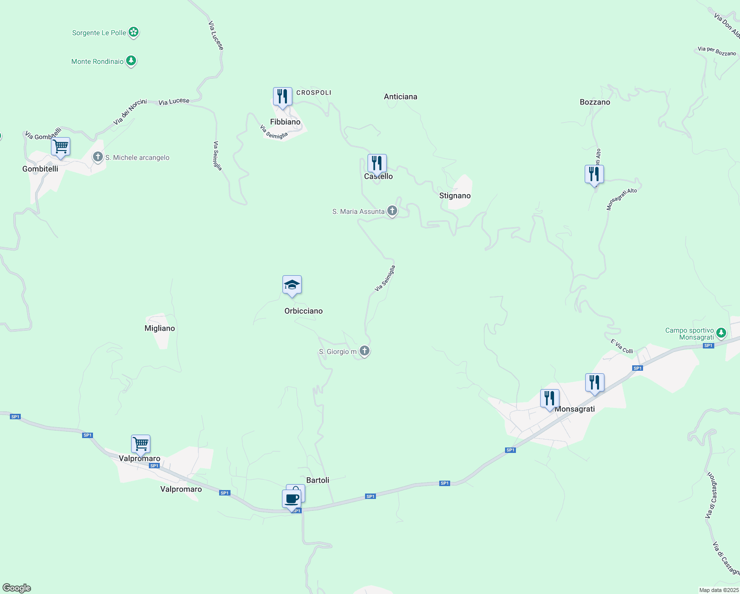 map of restaurants, bars, coffee shops, grocery stores, and more near 11 via Castello in Camaiore