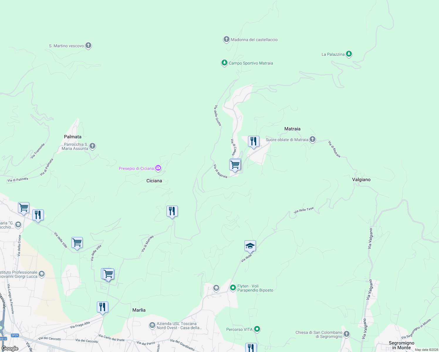 map of restaurants, bars, coffee shops, grocery stores, and more near 24 Via di Matraia in Matraia