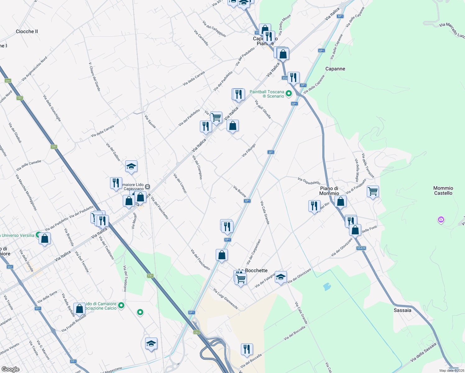 map of restaurants, bars, coffee shops, grocery stores, and more near 39-43 Via del Bucine in Camaiore