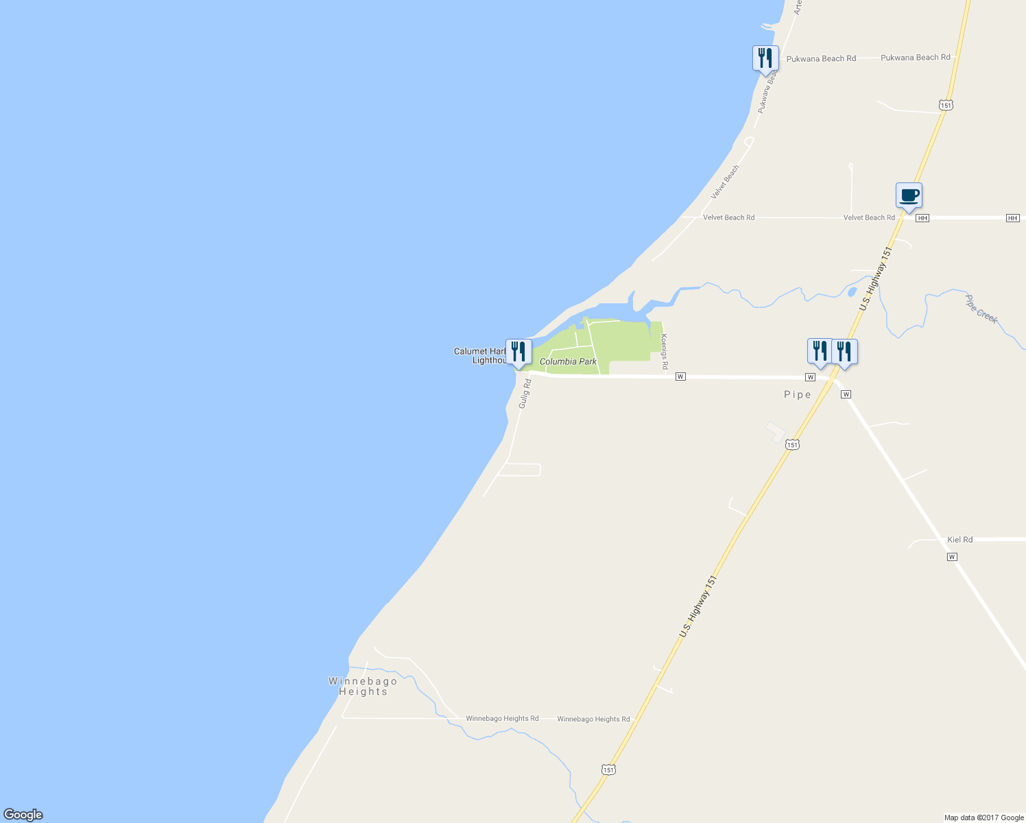 map of restaurants, bars, coffee shops, grocery stores, and more near N10256 Gulig Road in Malone