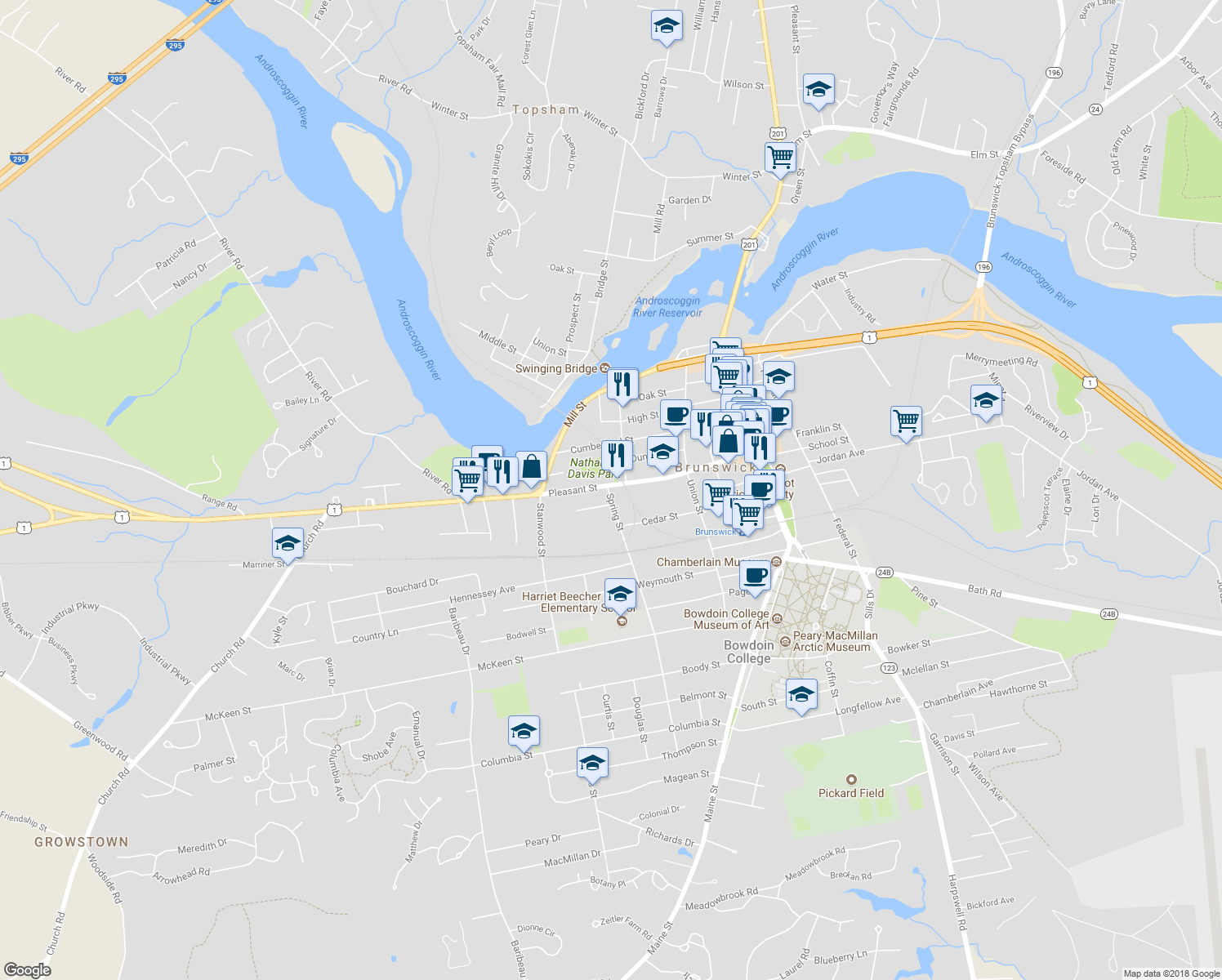 map of restaurants, bars, coffee shops, grocery stores, and more near 59 Pleasant Street in Brunswick