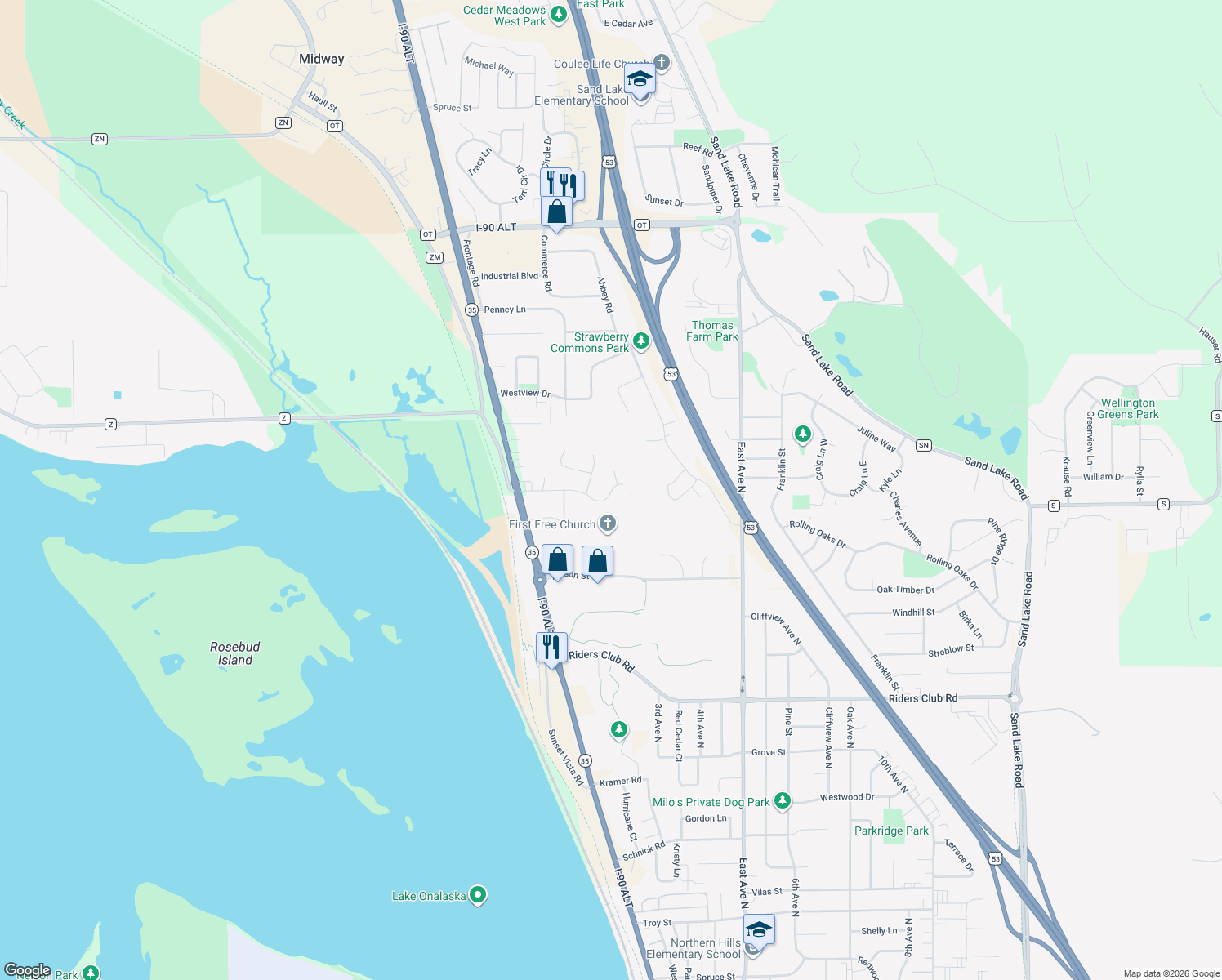 map of restaurants, bars, coffee shops, grocery stores, and more near Alpine Way in La Crosse
