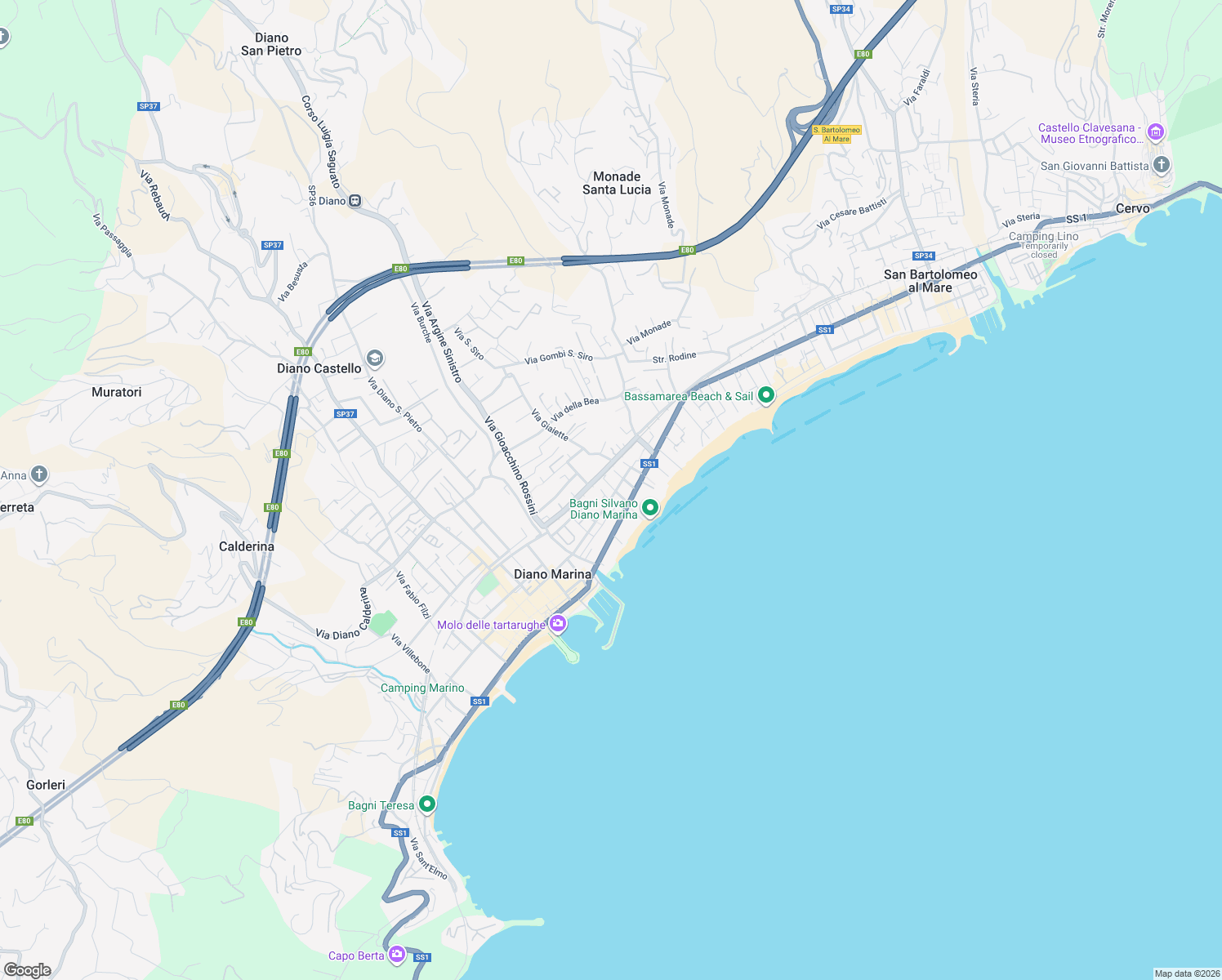 map of restaurants, bars, coffee shops, grocery stores, and more near 19 Via dei Garofani in Diano Marina