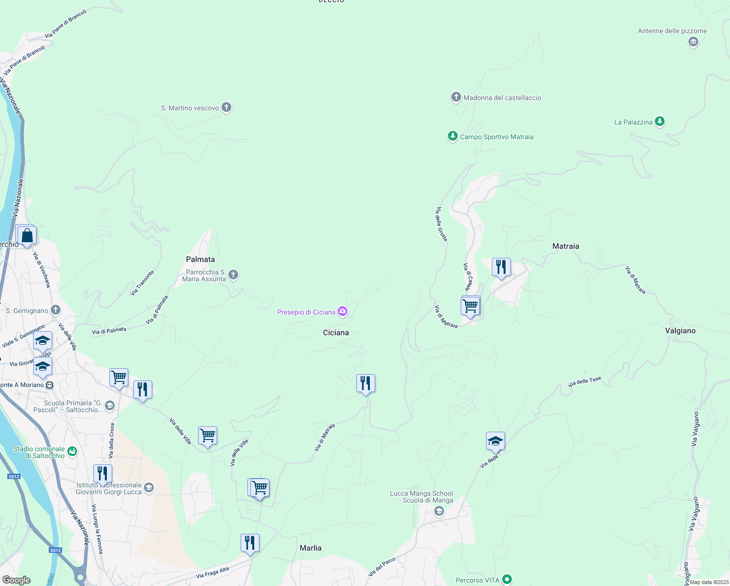 map of restaurants, bars, coffee shops, grocery stores, and more near Via del Cimitero di Ciciana in Provincia di Lucca