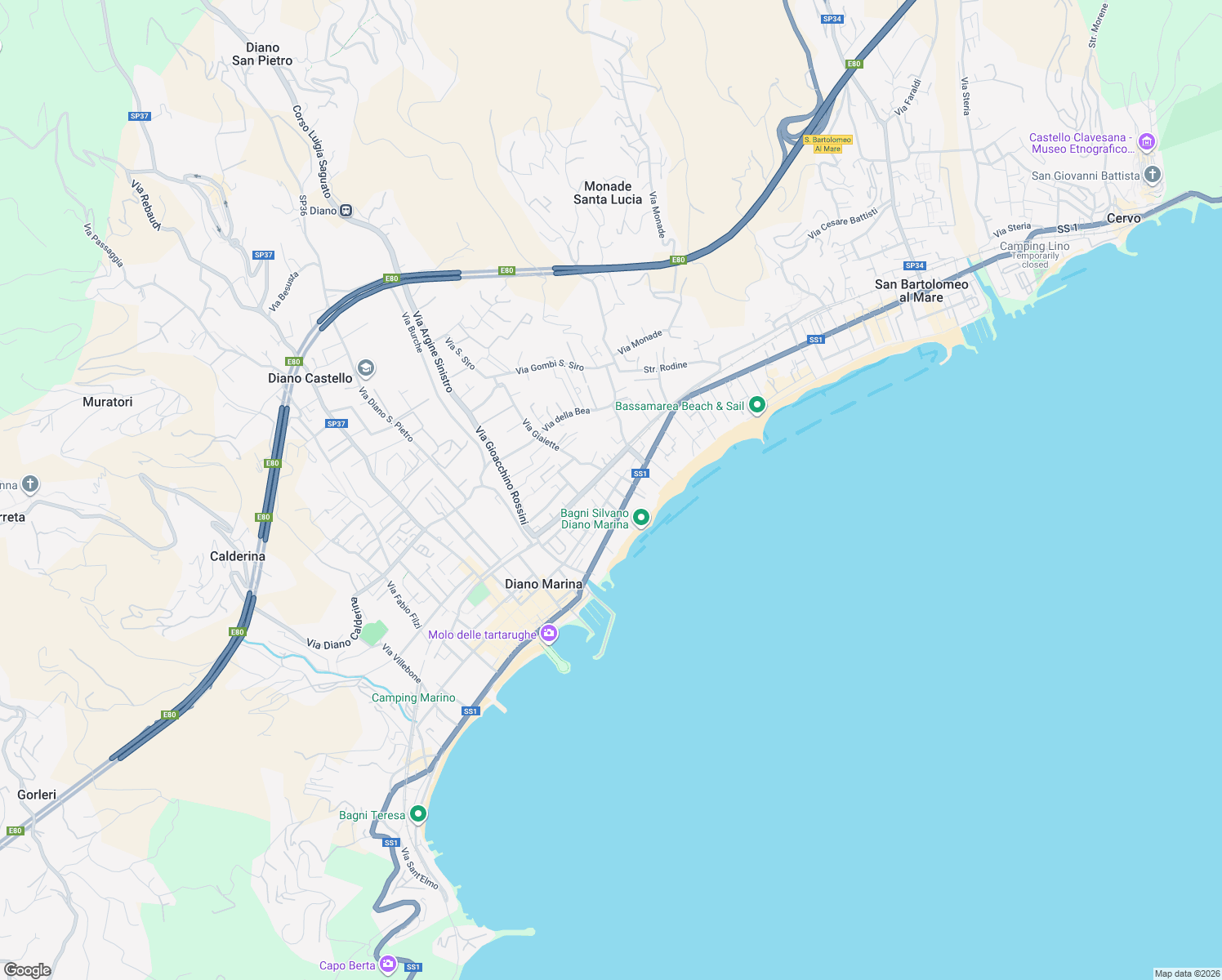 map of restaurants, bars, coffee shops, grocery stores, and more near 19 Via dei Garofani in Diano Marina