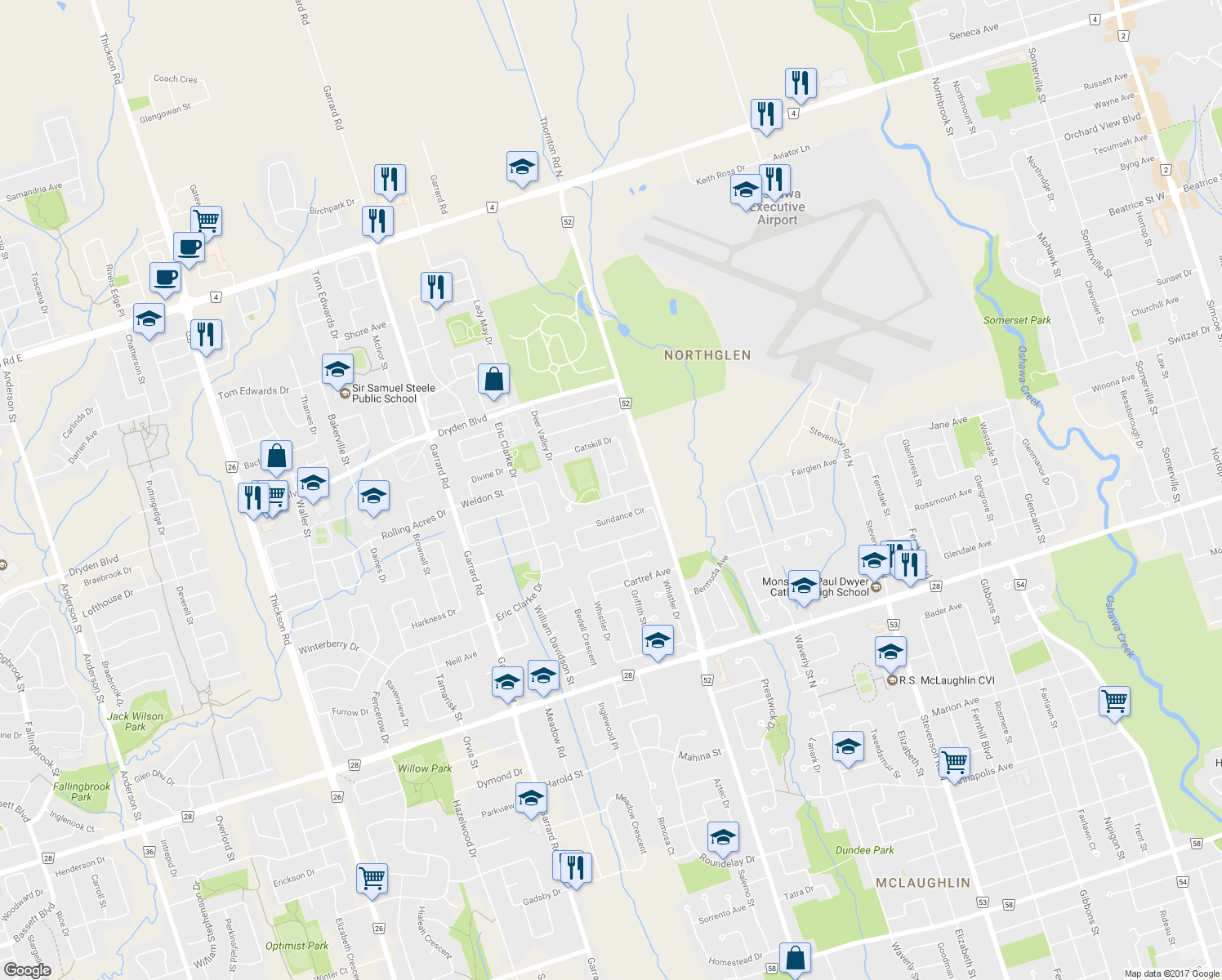 map of restaurants, bars, coffee shops, grocery stores, and more near 928 Snowbird Street in Oshawa