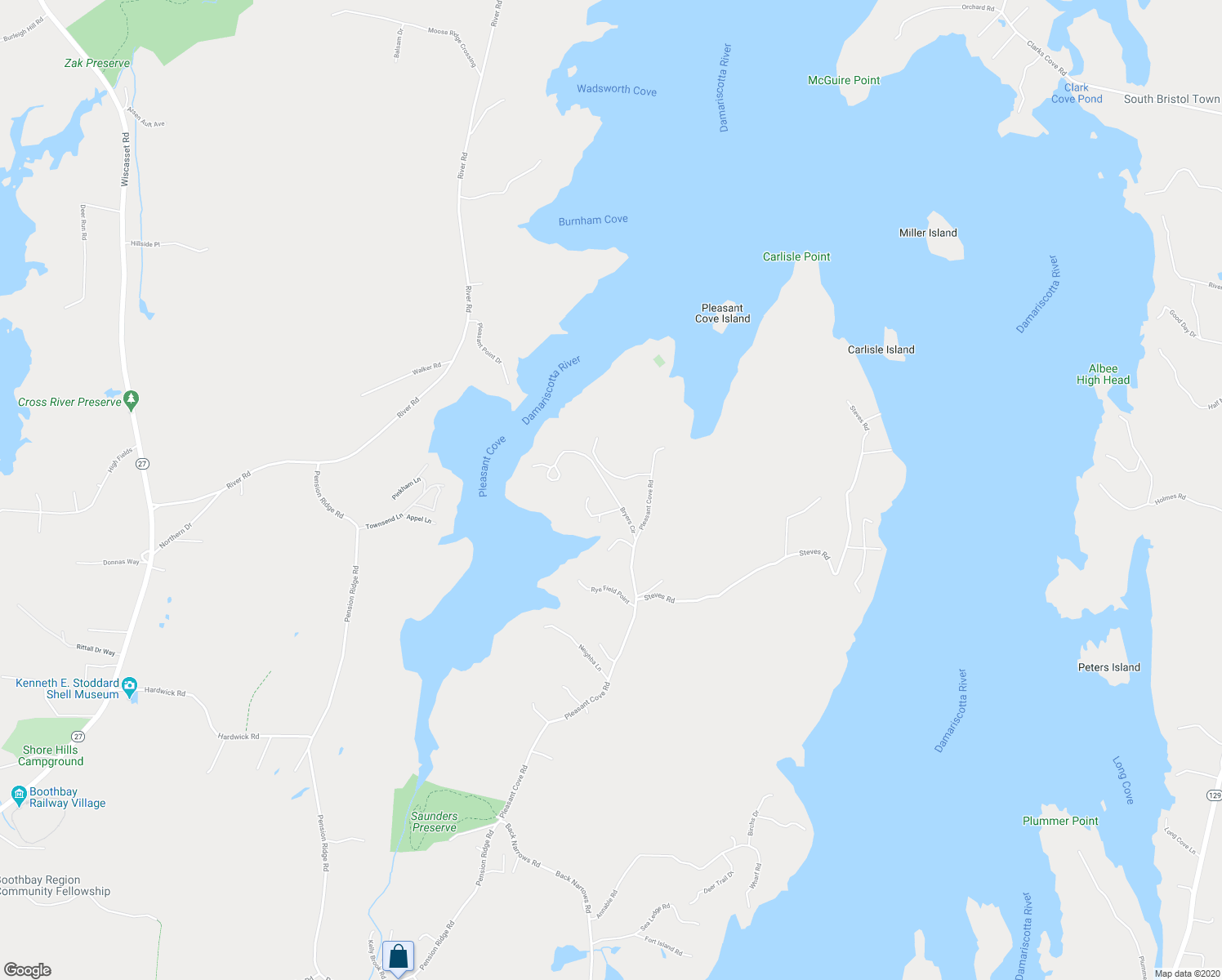map of restaurants, bars, coffee shops, grocery stores, and more near Bryers Circle in Boothbay