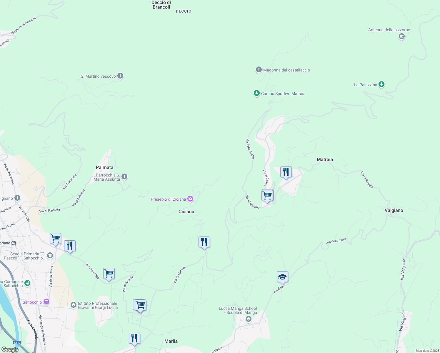 map of restaurants, bars, coffee shops, grocery stores, and more near Via del Cimitero di Ciciana in Provincia di Lucca