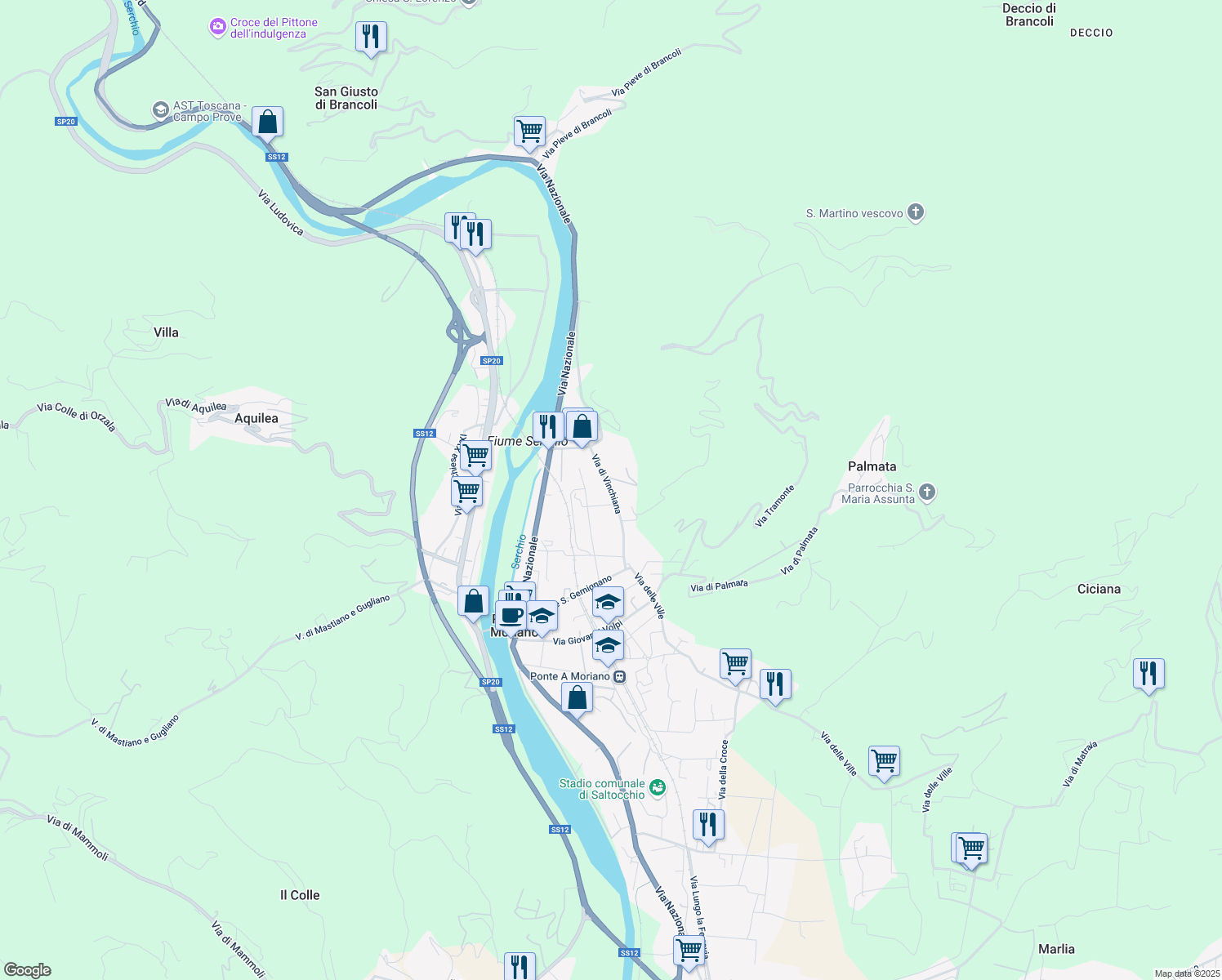 map of restaurants, bars, coffee shops, grocery stores, and more near 342 Via di Vinchiana in Lucca