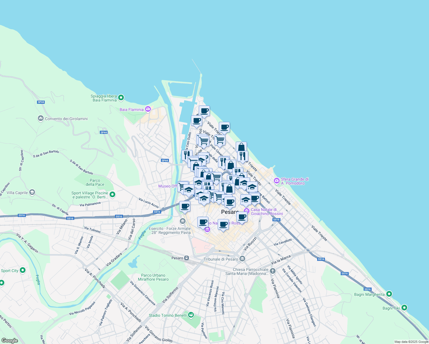 map of restaurants, bars, coffee shops, grocery stores, and more near 4a Viale Pola in Pesaro