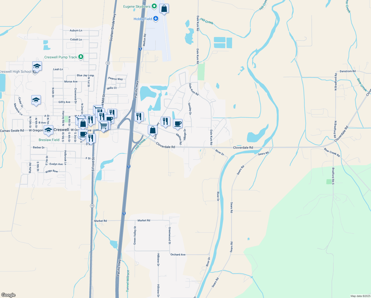 map of restaurants, bars, coffee shops, grocery stores, and more near 34070 E Cloverdale Rd in Creswell