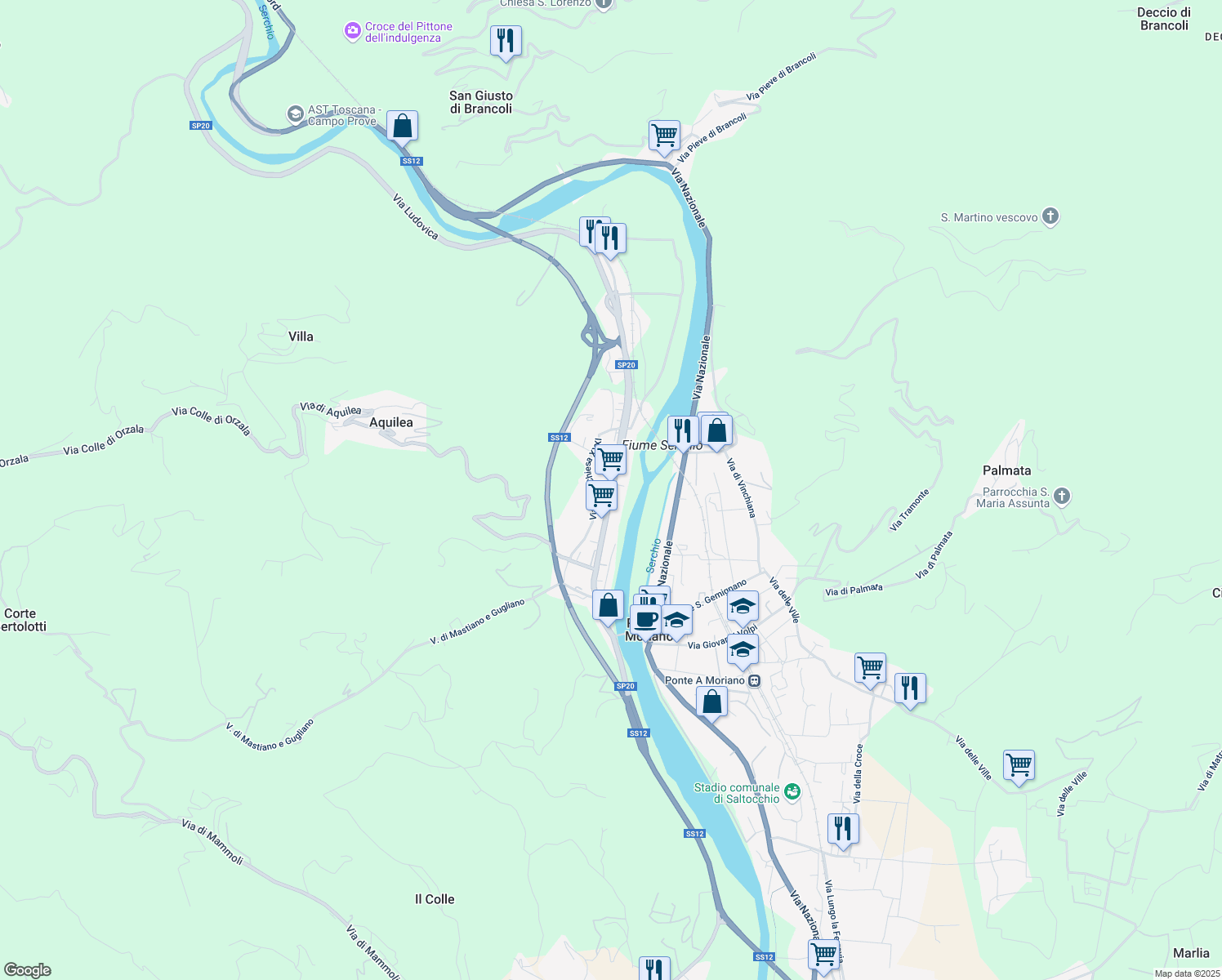 map of restaurants, bars, coffee shops, grocery stores, and more near Strada Provinciale 20 Lodovica in Lucca