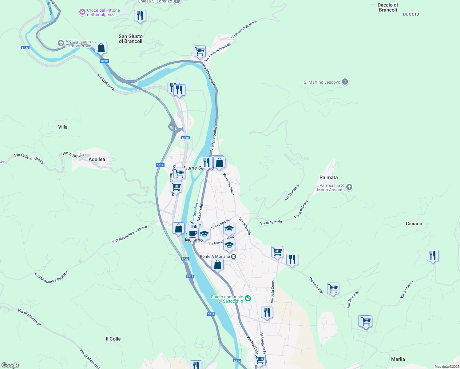 map of restaurants, bars, coffee shops, grocery stores, and more near 342 Via di Vinchiana in Lucca