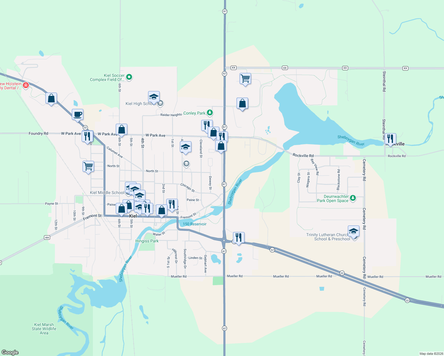 map of restaurants, bars, coffee shops, grocery stores, and more near 913 Service Road in Kiel