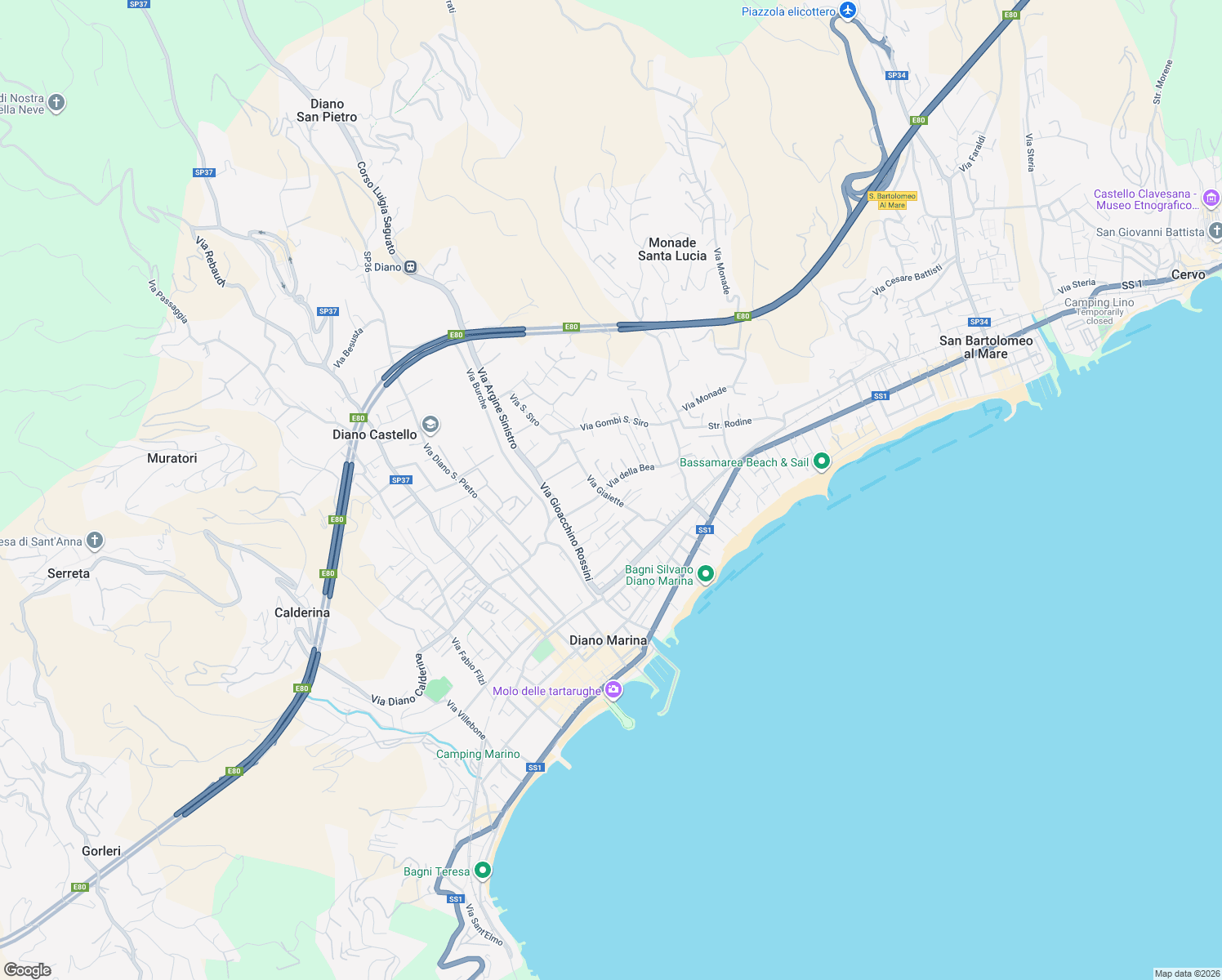 map of restaurants, bars, coffee shops, grocery stores, and more near 12 Via della Bea in Diano Marina