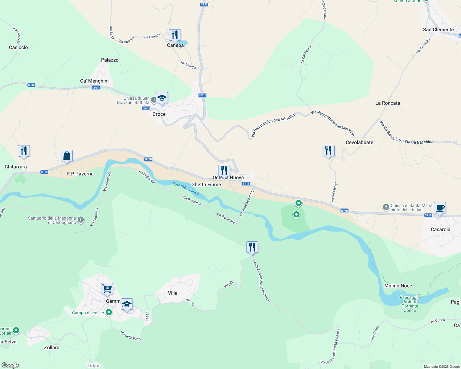 map of restaurants, bars, coffee shops, grocery stores, and more near 565 Via Flaminia Conca in Osteria Nuova