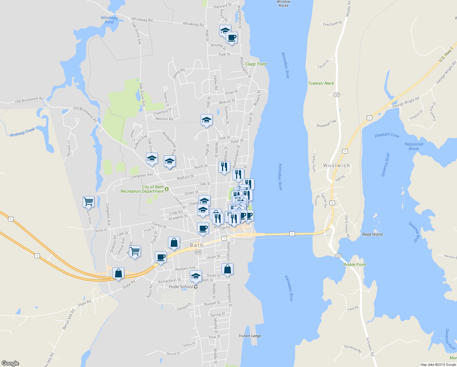 map of restaurants, bars, coffee shops, grocery stores, and more near 918 Washington Street in Bath