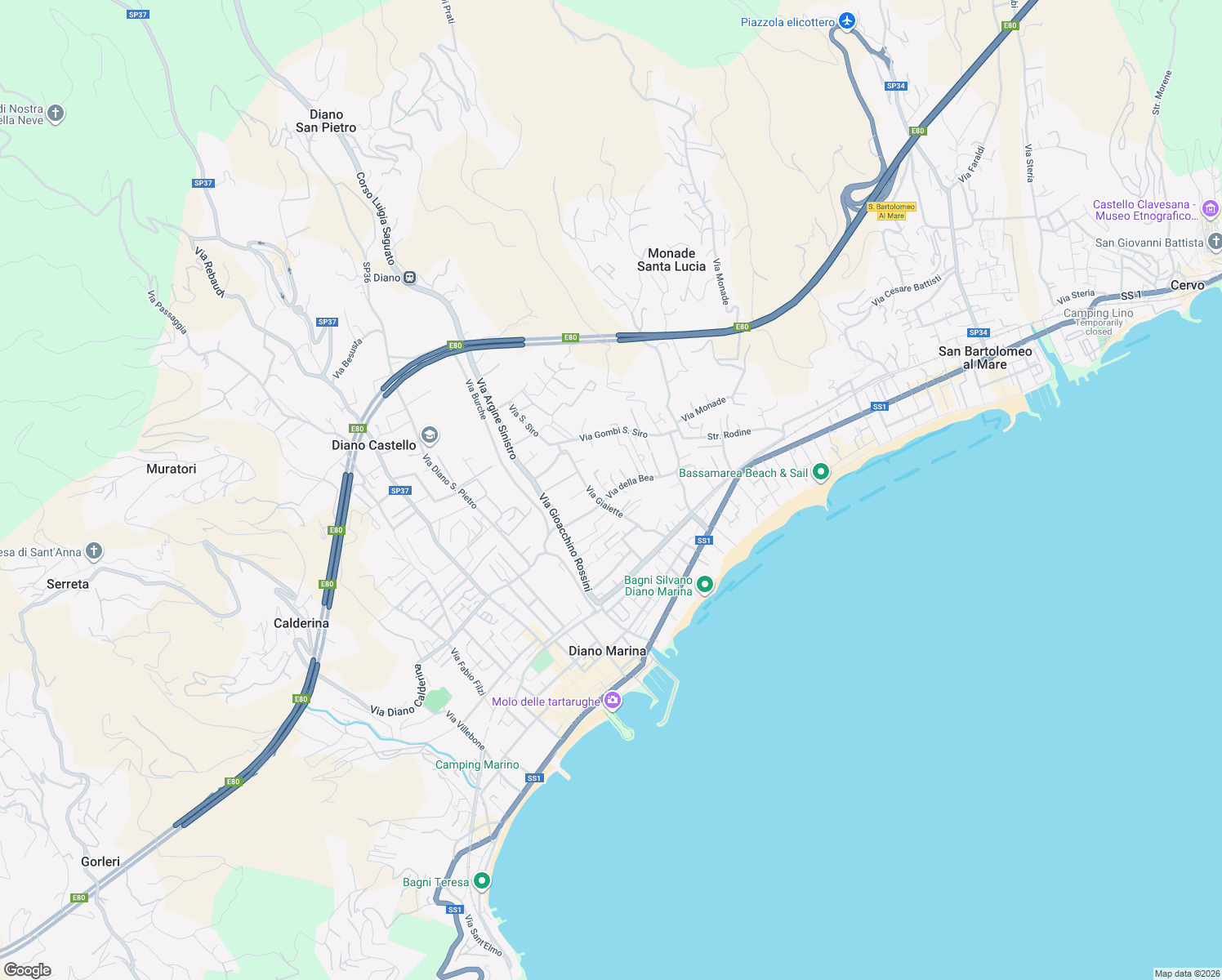 map of restaurants, bars, coffee shops, grocery stores, and more near 12 Via della Bea in Diano Marina