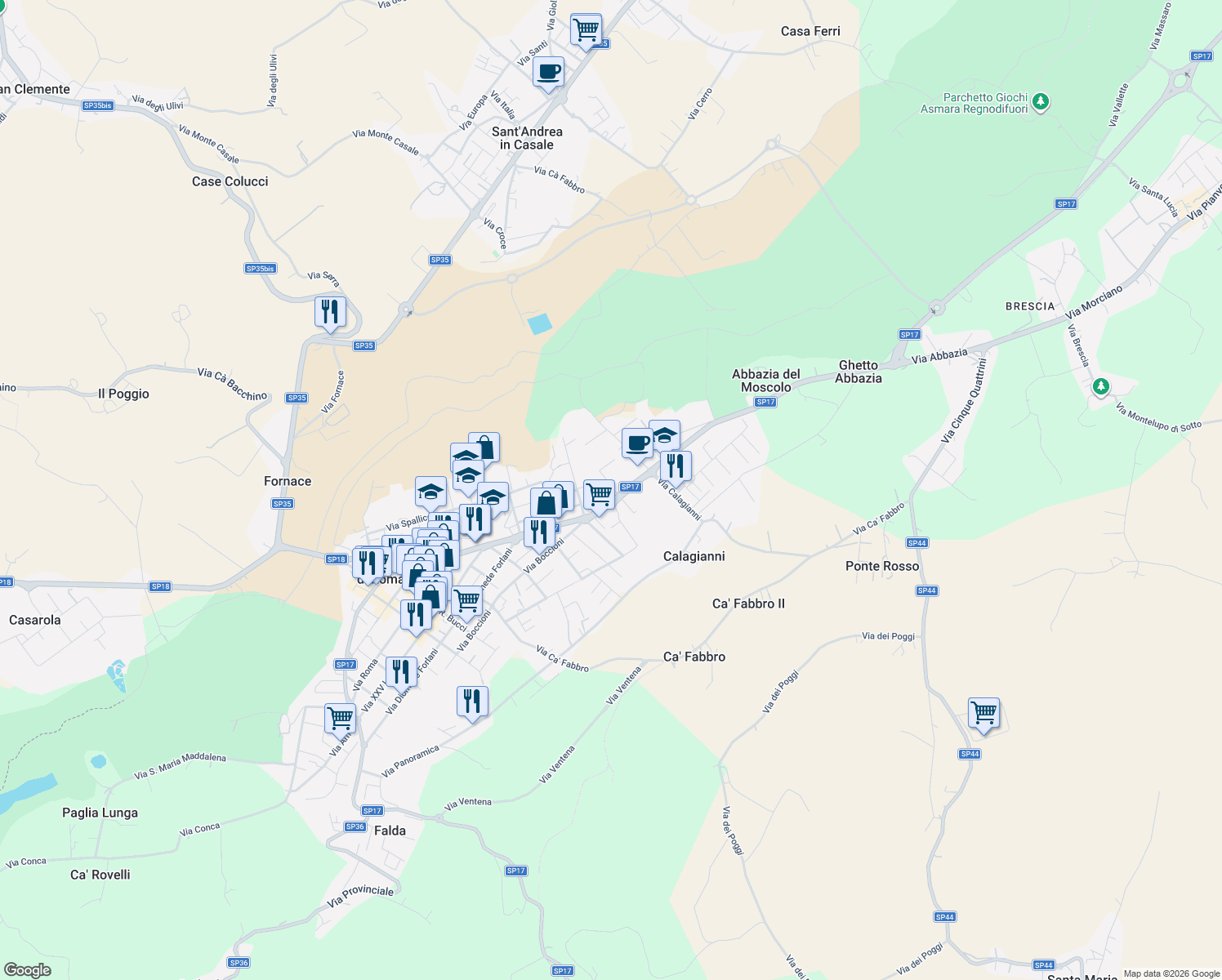 map of restaurants, bars, coffee shops, grocery stores, and more near 5 Via Giustiniano Villa in Morciano di Romagna