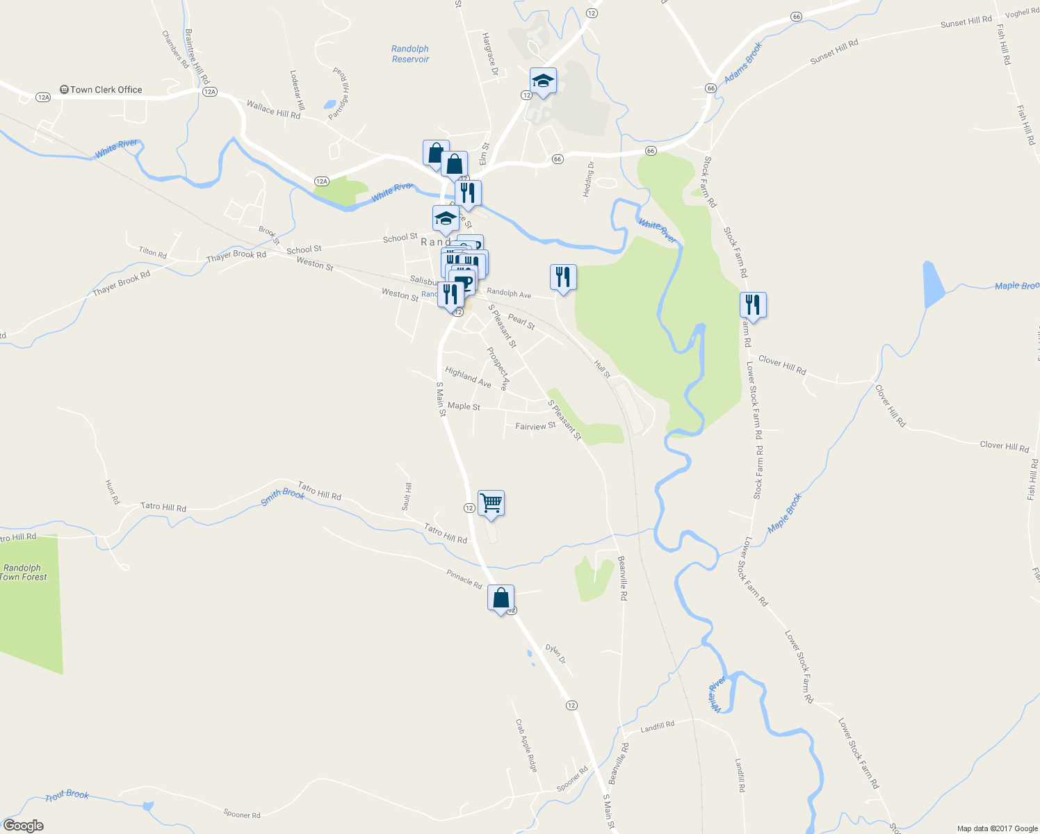 map of restaurants, bars, coffee shops, grocery stores, and more near 27 Maple Street in Randolph