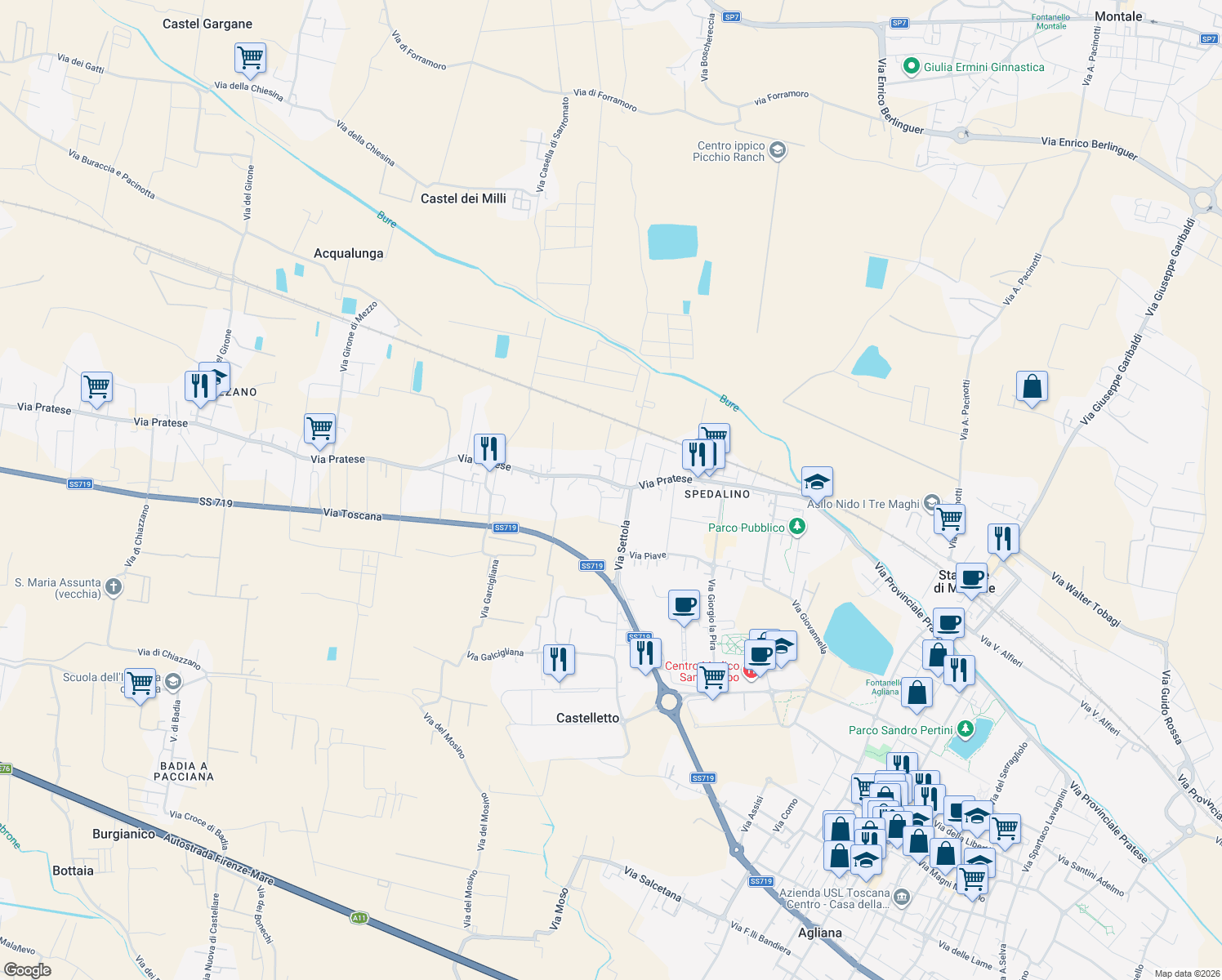 map of restaurants, bars, coffee shops, grocery stores, and more near 736 Via Pratese in Pistoia