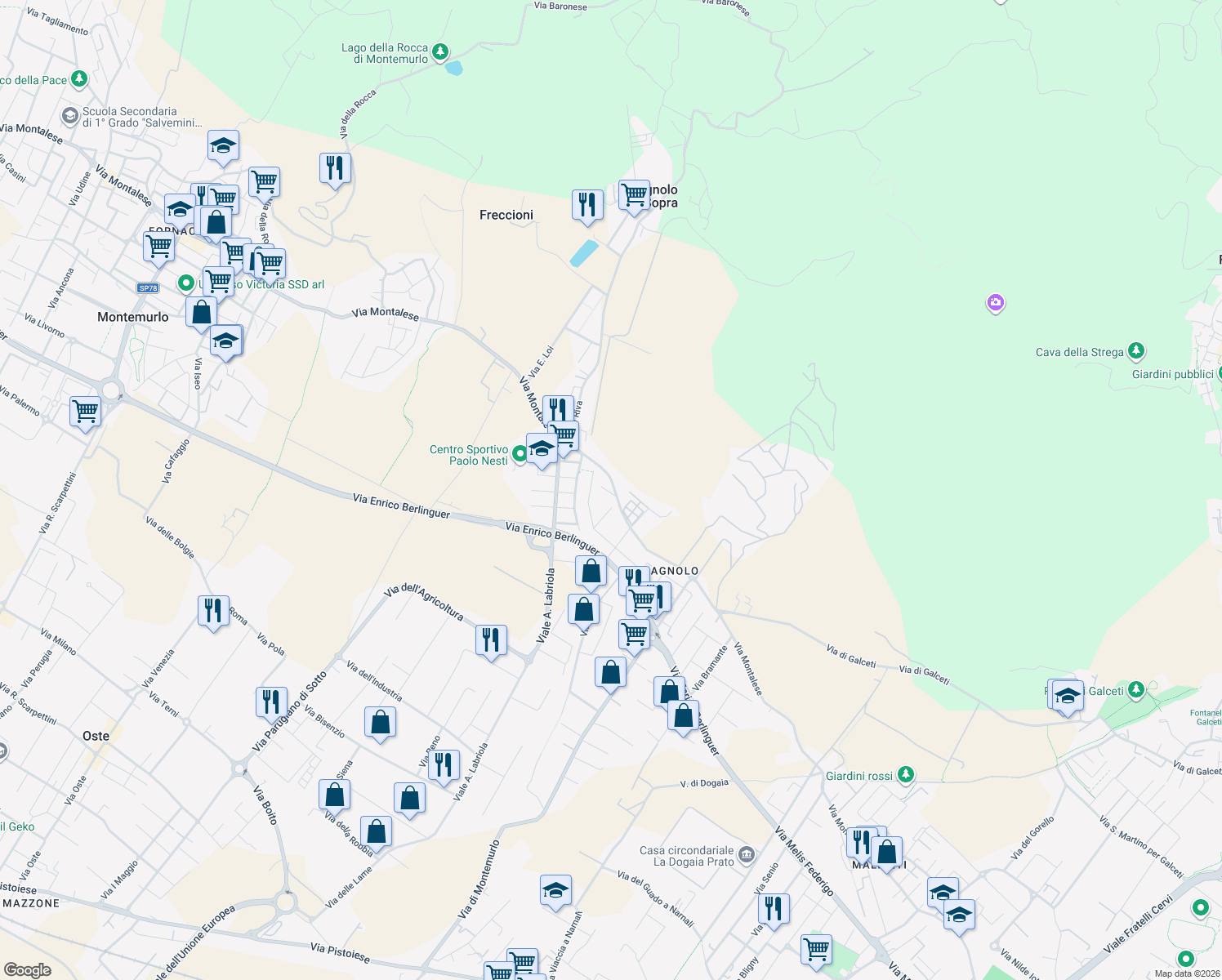 map of restaurants, bars, coffee shops, grocery stores, and more near 10 Via Bagnolo in Montemurlo
