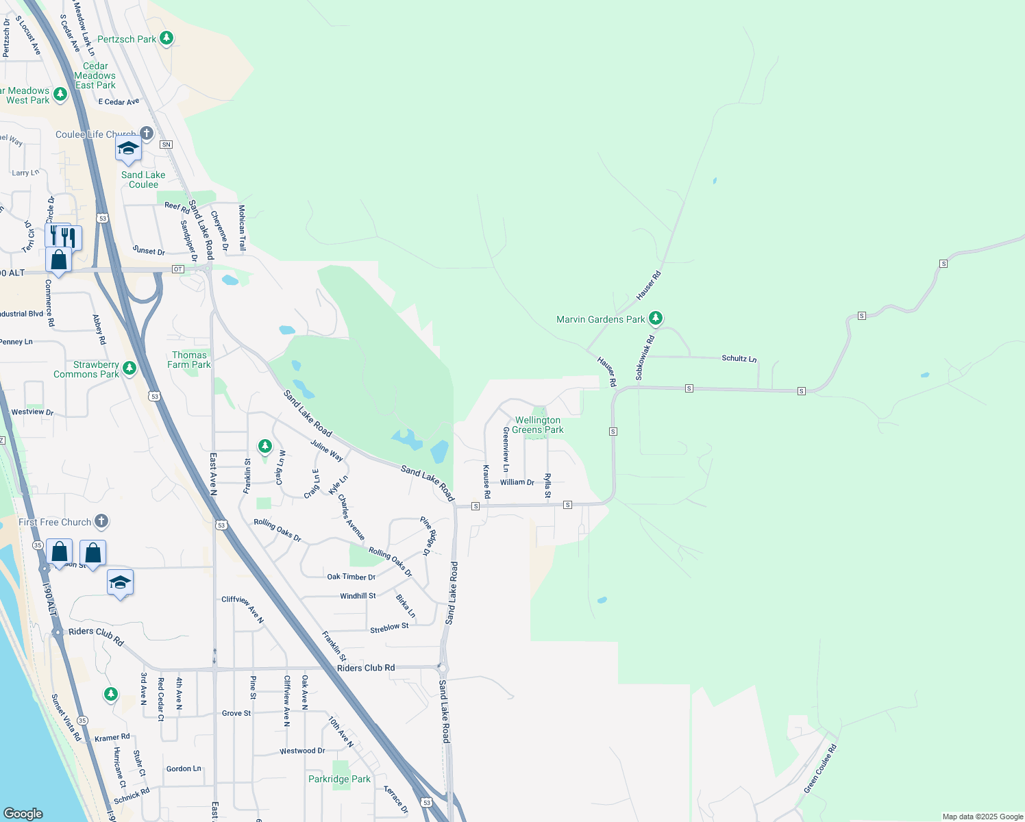 map of restaurants, bars, coffee shops, grocery stores, and more near 2314 Golfview Lane in Onalaska