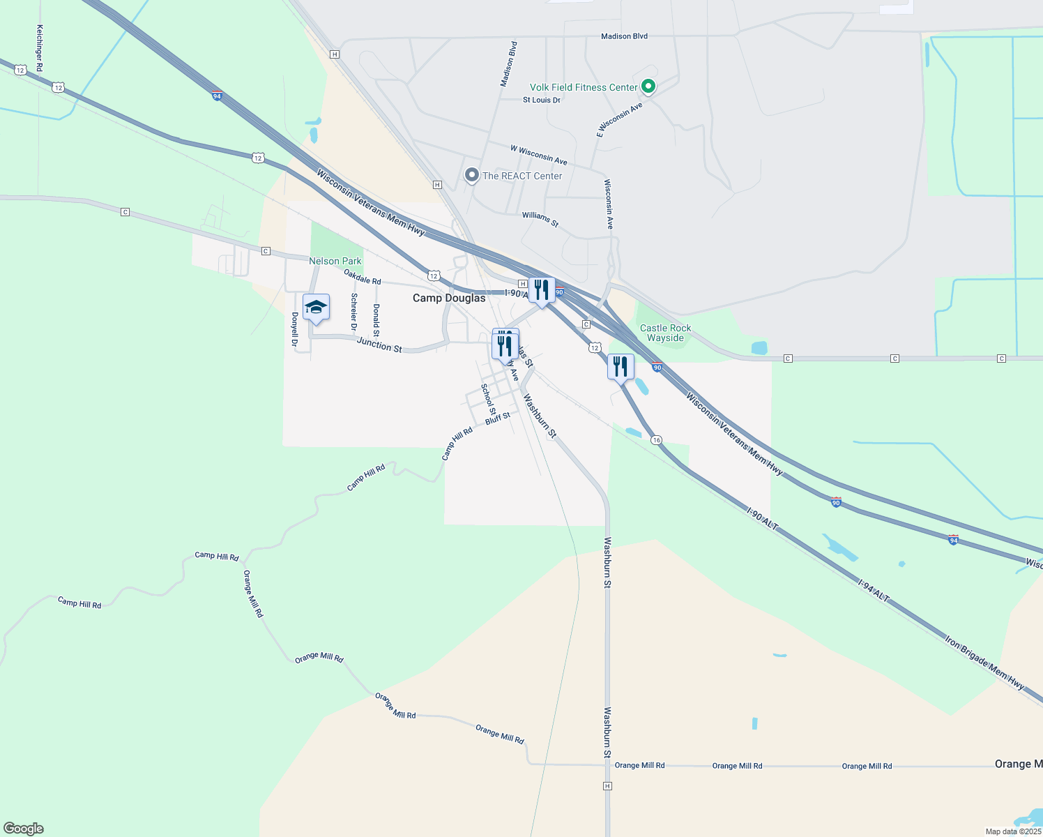 map of restaurants, bars, coffee shops, grocery stores, and more near 309 Main Street in Camp Douglas