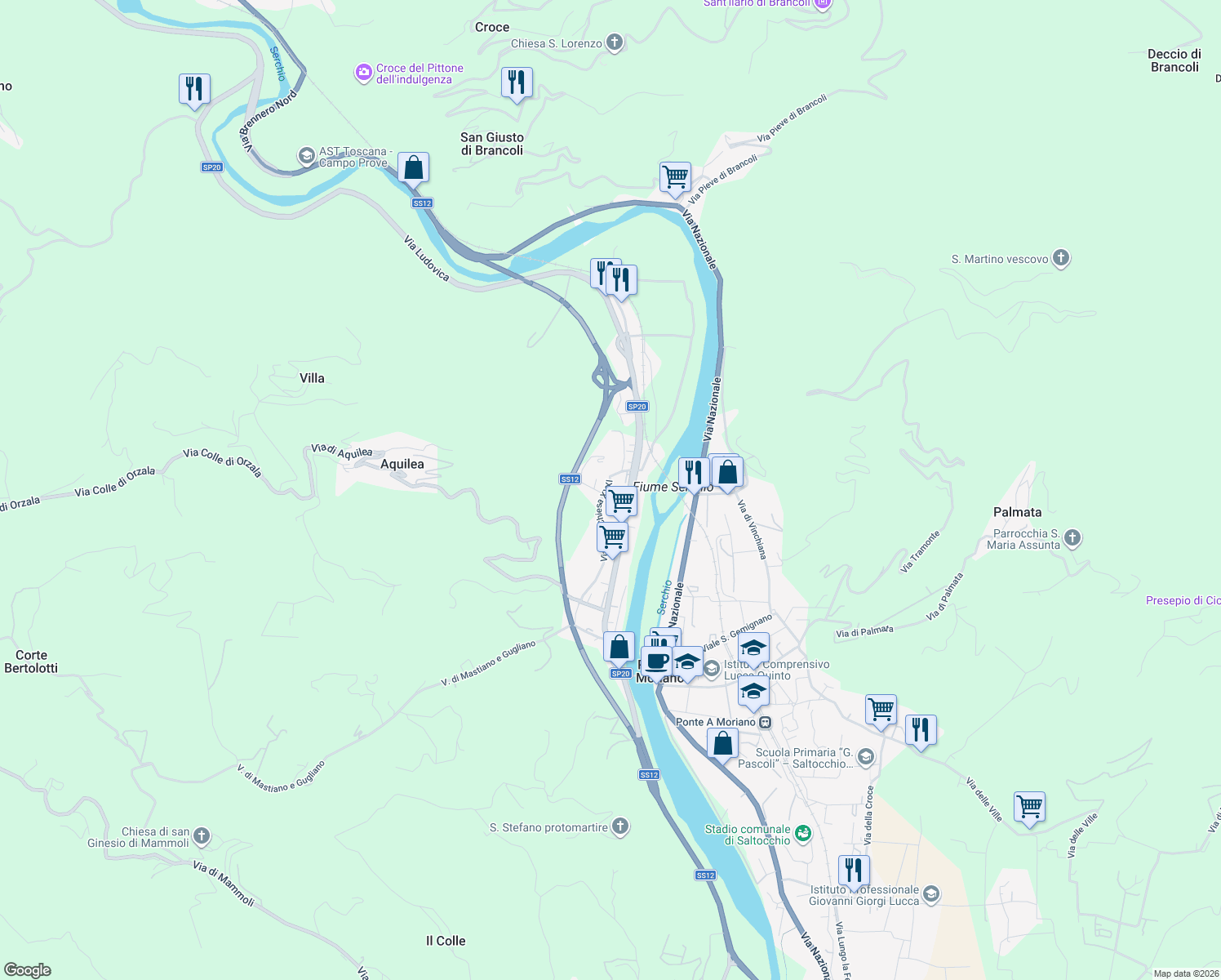 map of restaurants, bars, coffee shops, grocery stores, and more near 38 Via delle Scuole in Lucca