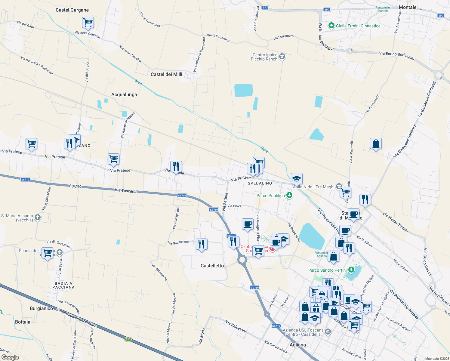 map of restaurants, bars, coffee shops, grocery stores, and more near 736 Via Pratese in Pistoia