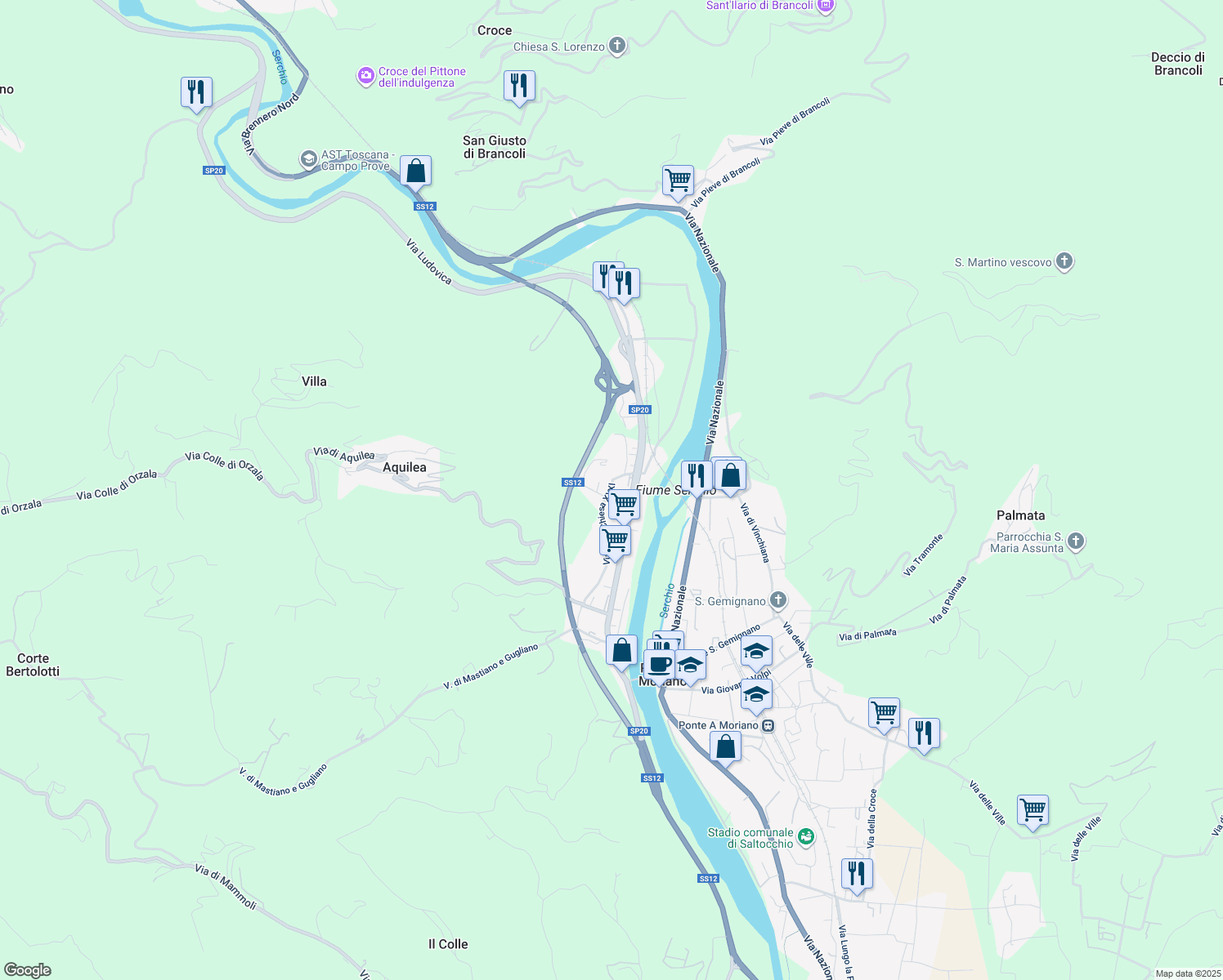map of restaurants, bars, coffee shops, grocery stores, and more near 38 Via delle Scuole in Lucca