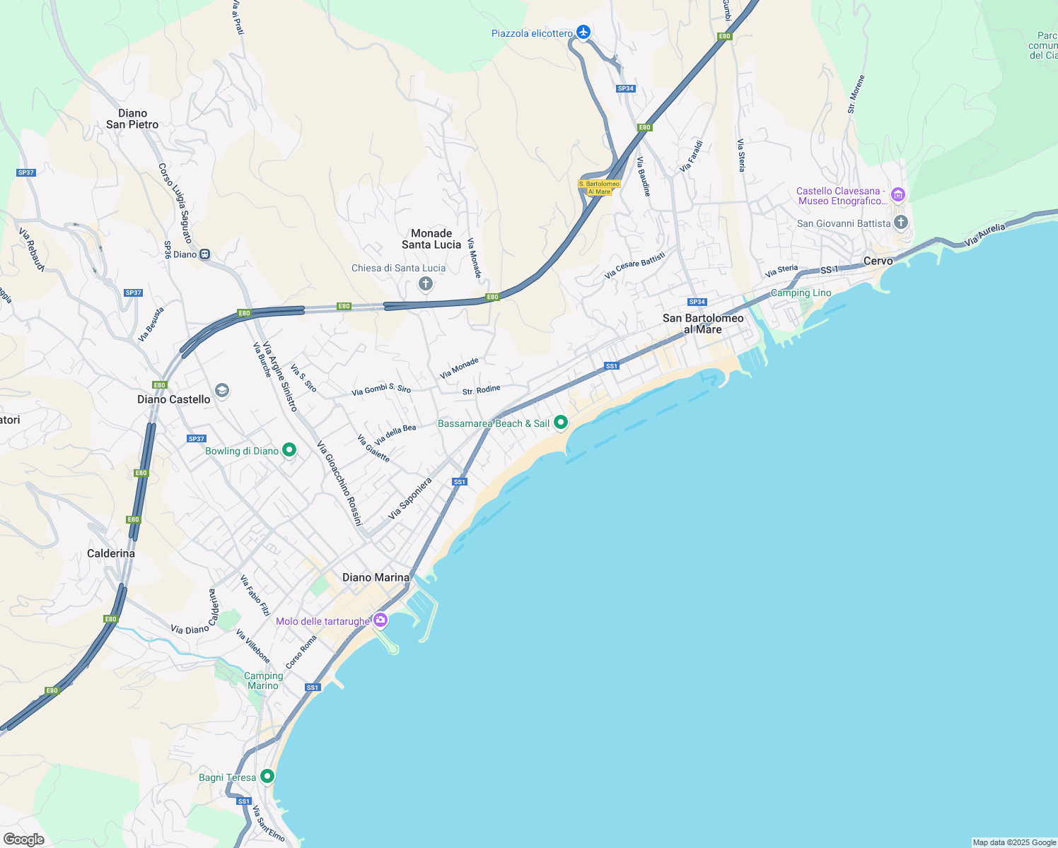 map of restaurants, bars, coffee shops, grocery stores, and more near 177-181 Via Generale Ardoino in Diano Marina