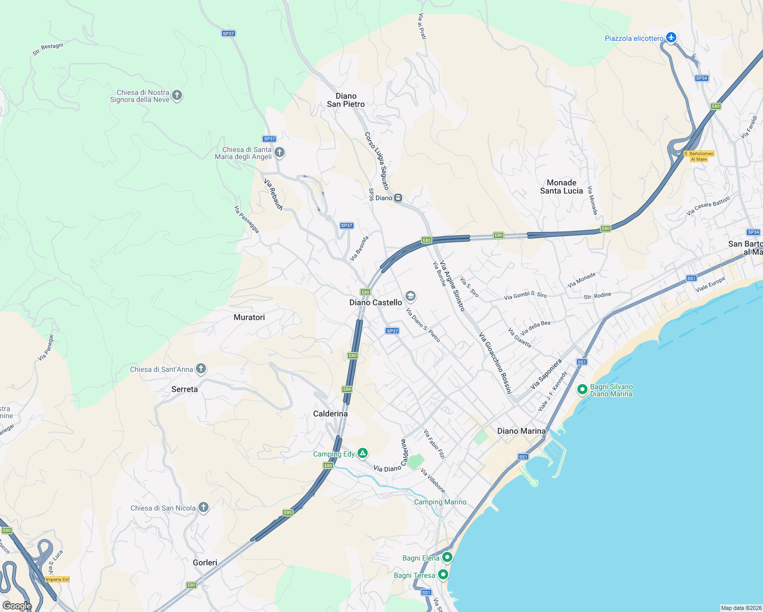 map of restaurants, bars, coffee shops, grocery stores, and more near 51 Via Diano Castello in Diano Castello