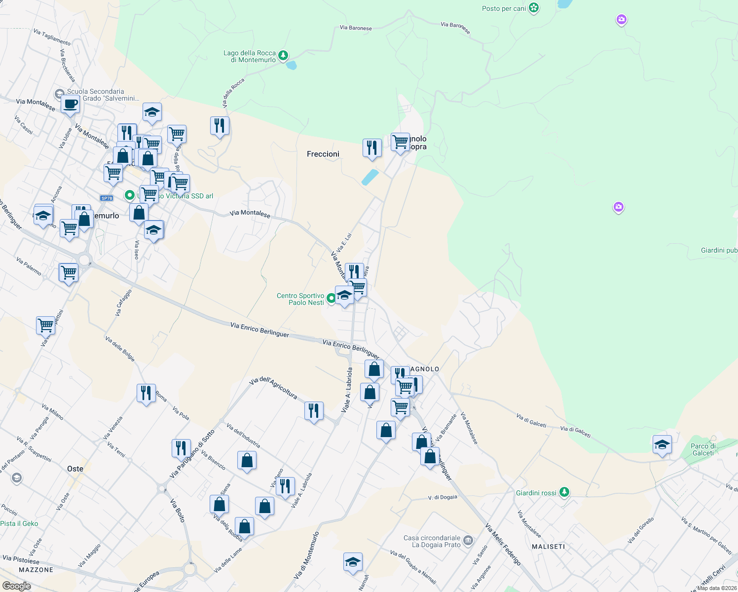 map of restaurants, bars, coffee shops, grocery stores, and more near 216 Via Montalese in Bagnolo di Sopra