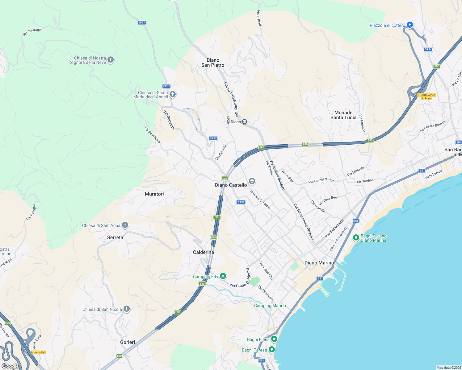 map of restaurants, bars, coffee shops, grocery stores, and more near 51 Via Diano Castello in Diano Castello