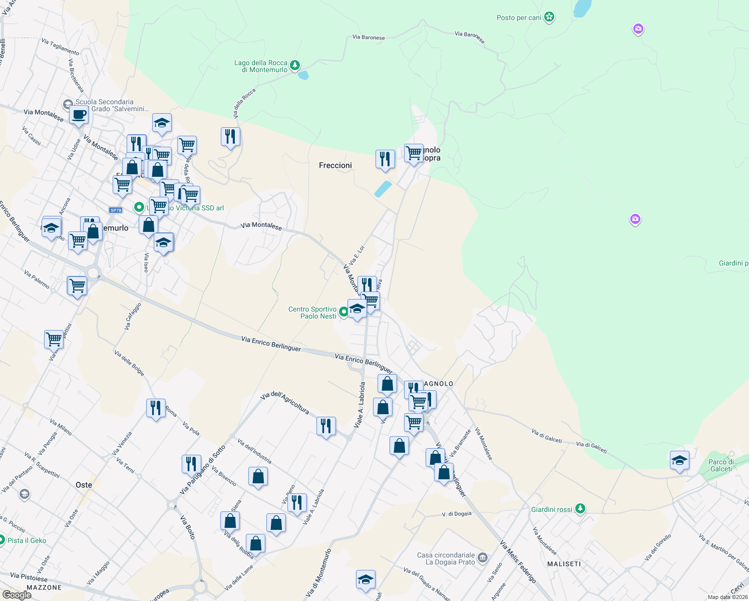 map of restaurants, bars, coffee shops, grocery stores, and more near 216 Via Montalese in Bagnolo di Sopra