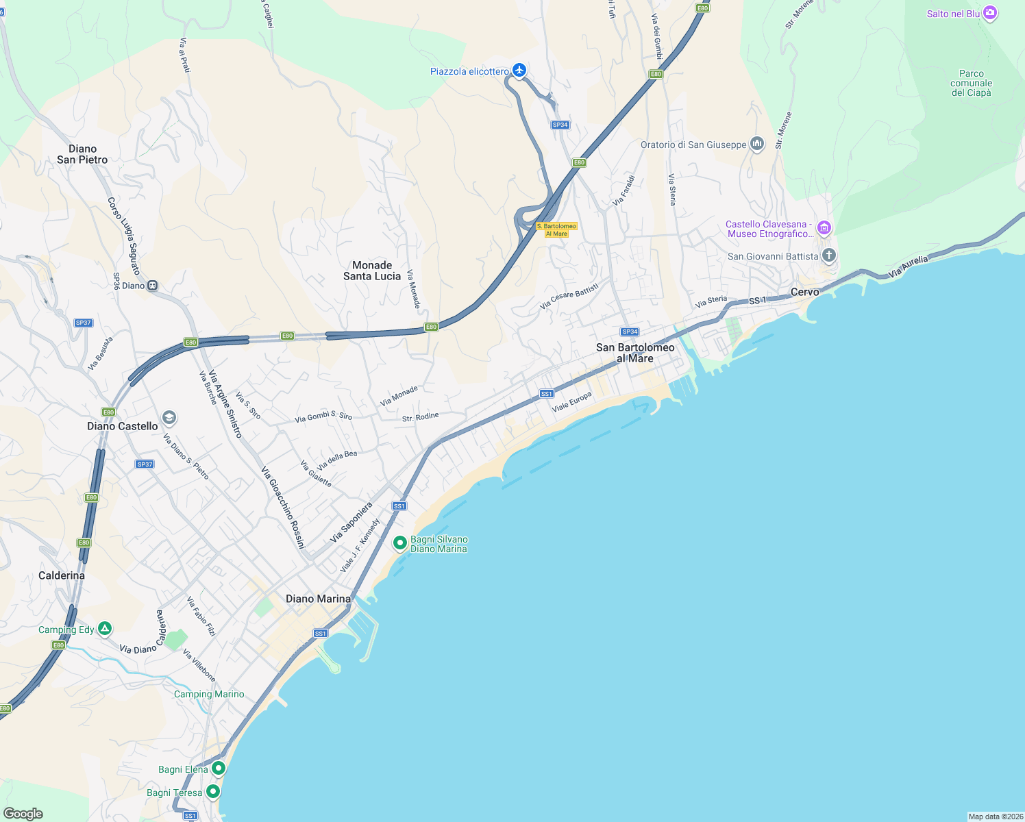 map of restaurants, bars, coffee shops, grocery stores, and more near 5 Piazza Gioacchino Rossini in San Bartolomeo Al Mare