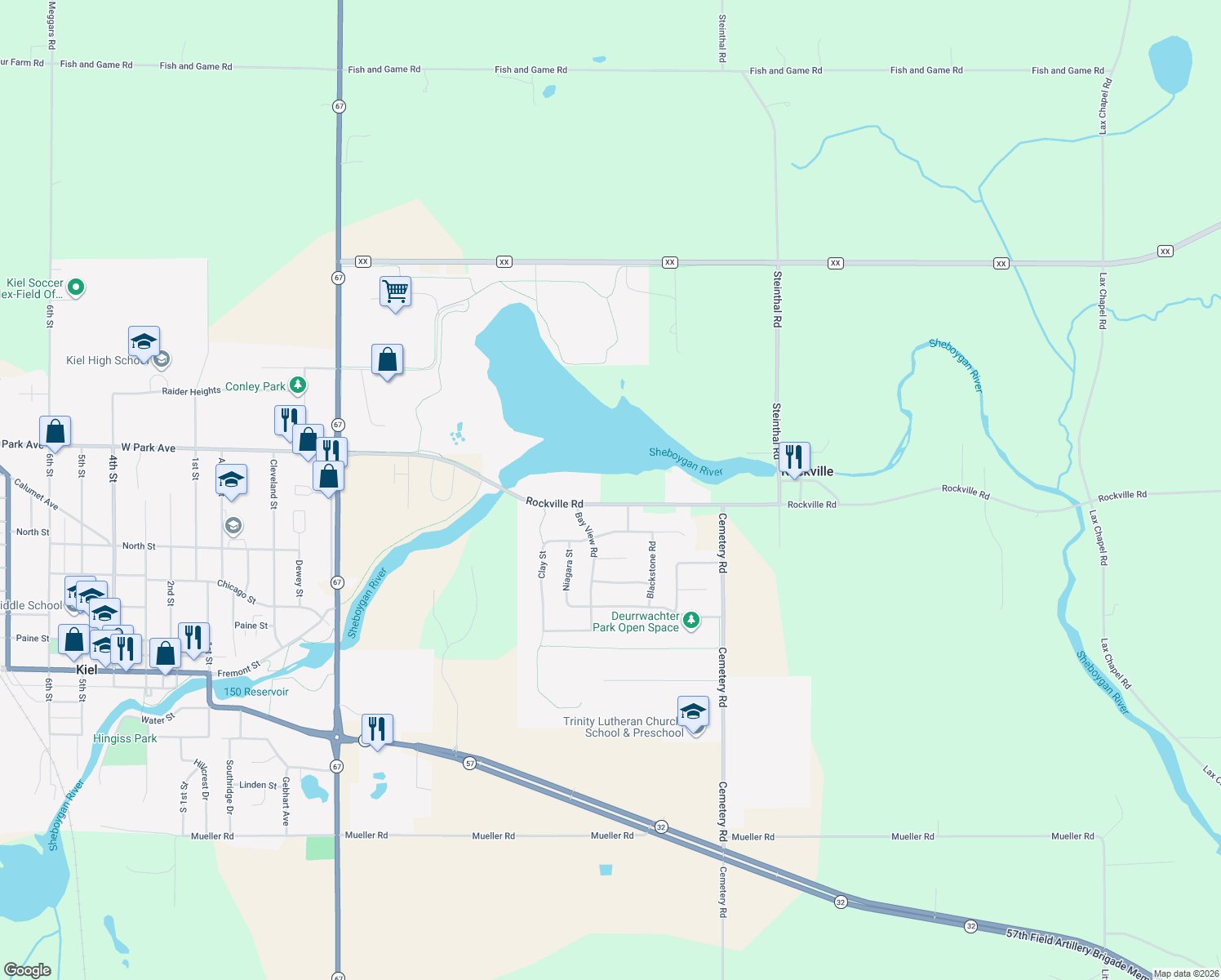 map of restaurants, bars, coffee shops, grocery stores, and more near 22508 Rockville Rd in Kiel
