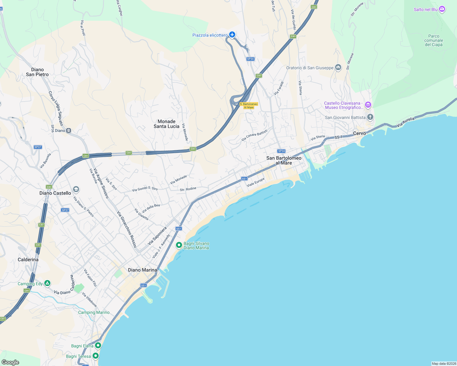 map of restaurants, bars, coffee shops, grocery stores, and more near 5 Piazza Gioacchino Rossini in San Bartolomeo Al Mare