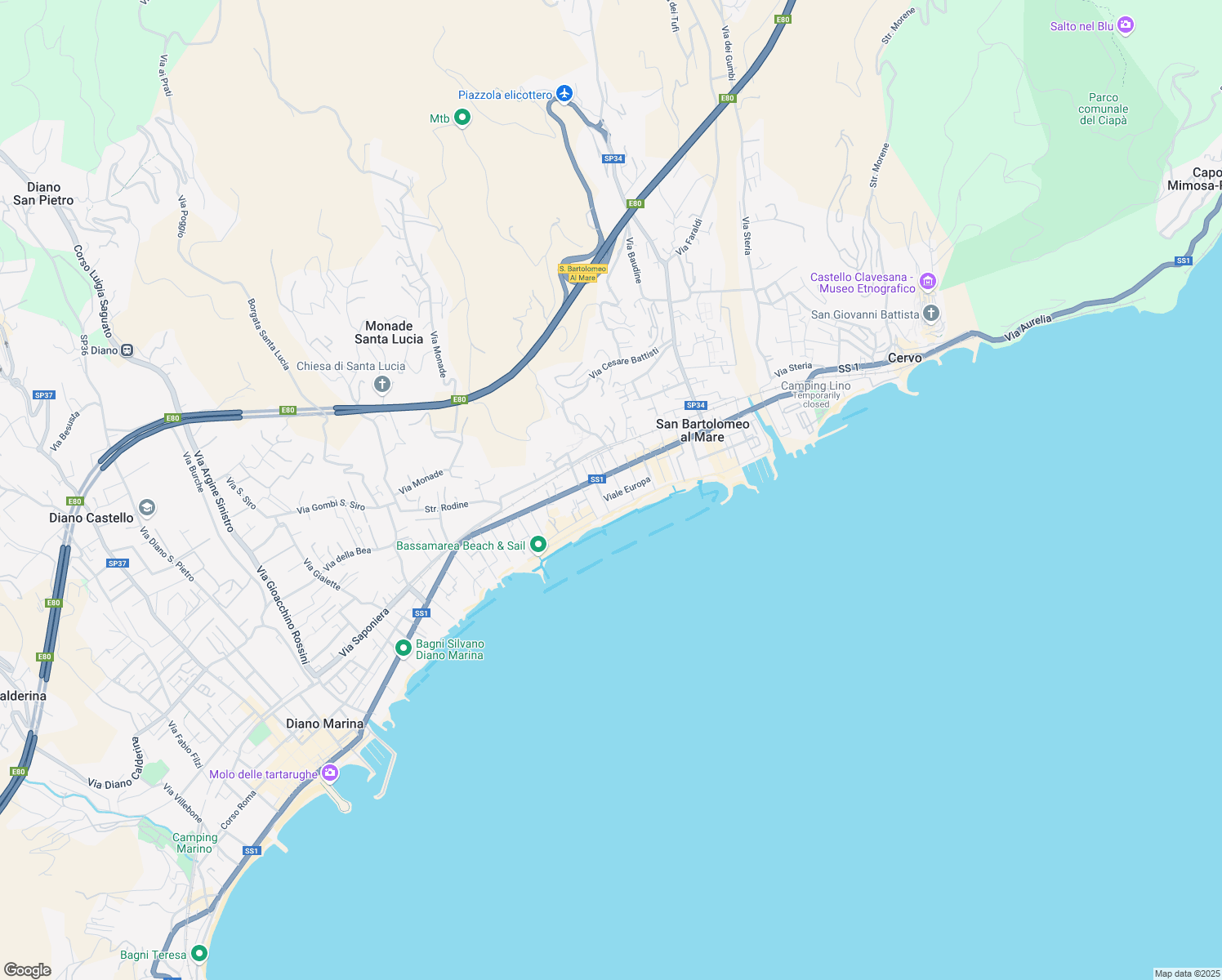 map of restaurants, bars, coffee shops, grocery stores, and more near 13 Largo Gallinara in San Bartolomeo Al Mare