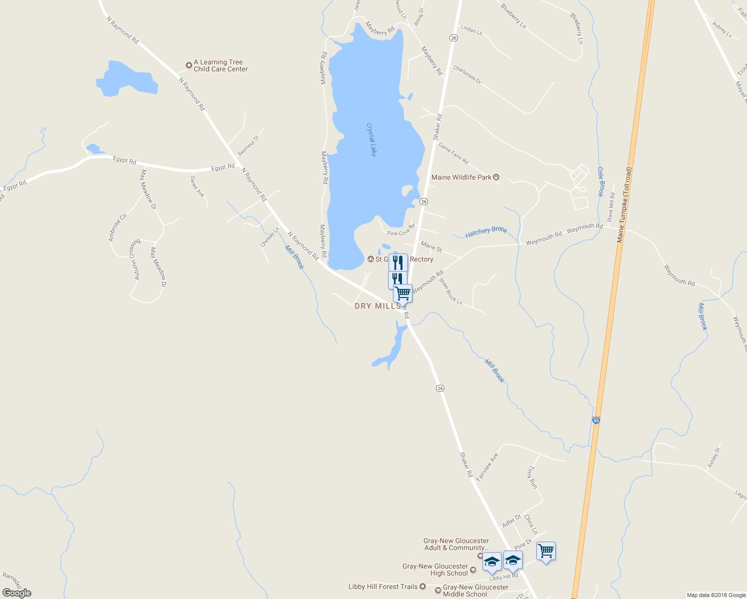 map of restaurants, bars, coffee shops, grocery stores, and more near 15 North Raymond Road in Gray