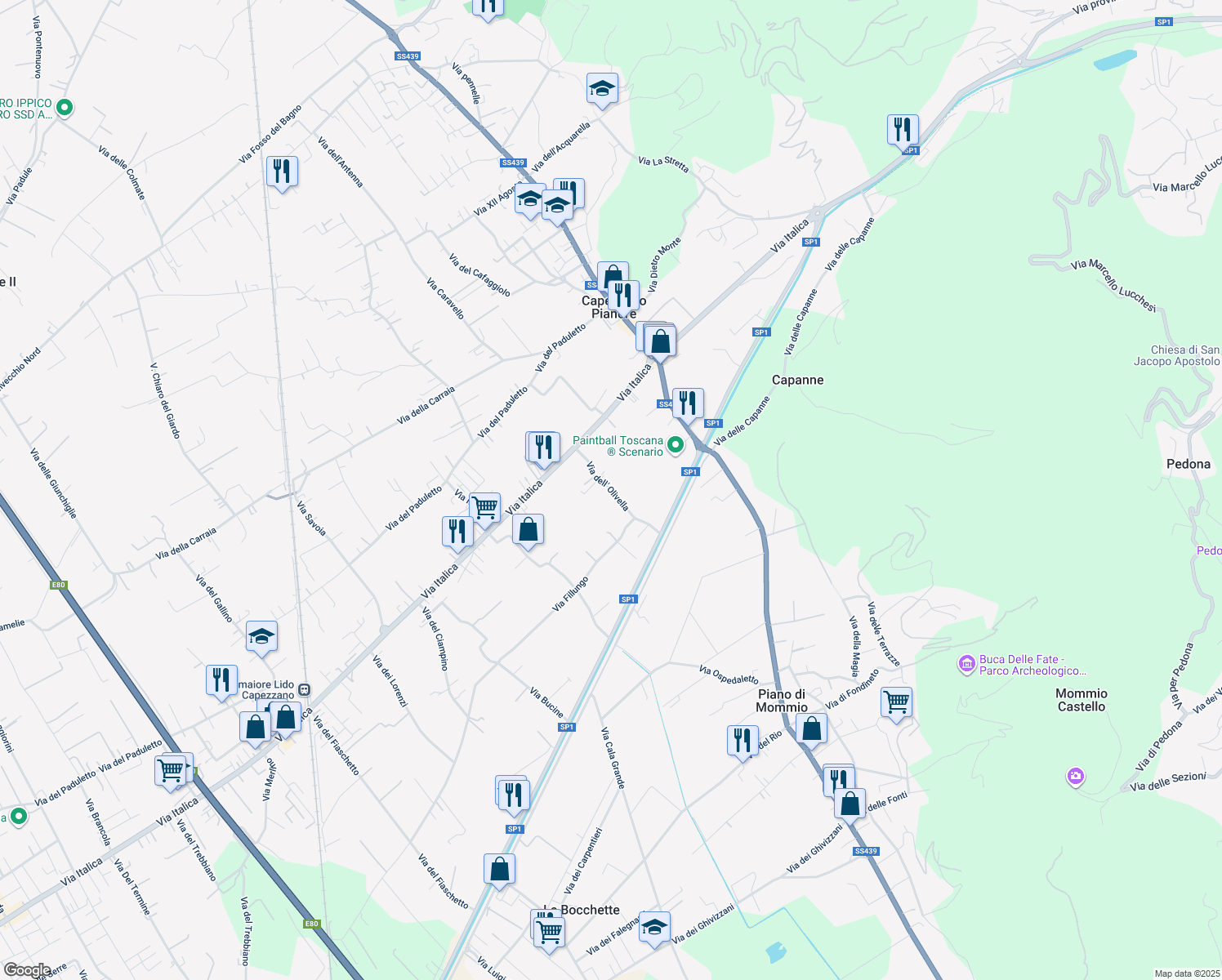 map of restaurants, bars, coffee shops, grocery stores, and more near 7 Via dell' Olivella in Camaiore