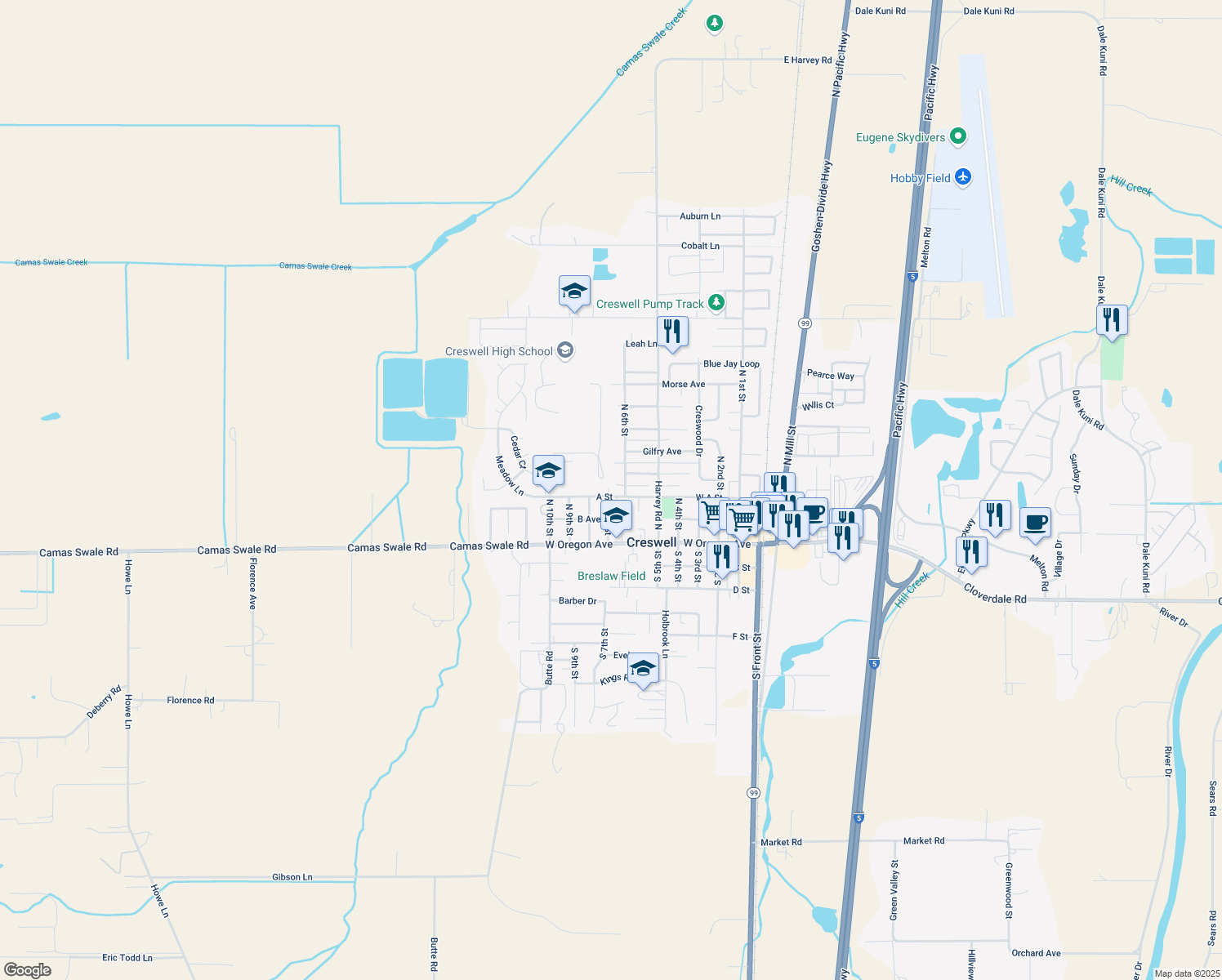 map of restaurants, bars, coffee shops, grocery stores, and more near 660 A St in Creswell