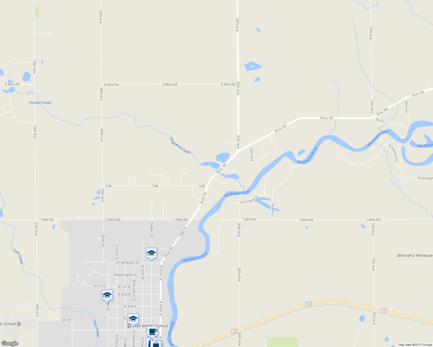 map of restaurants, bars, coffee shops, grocery stores, and more near 5513 River Road in Evart