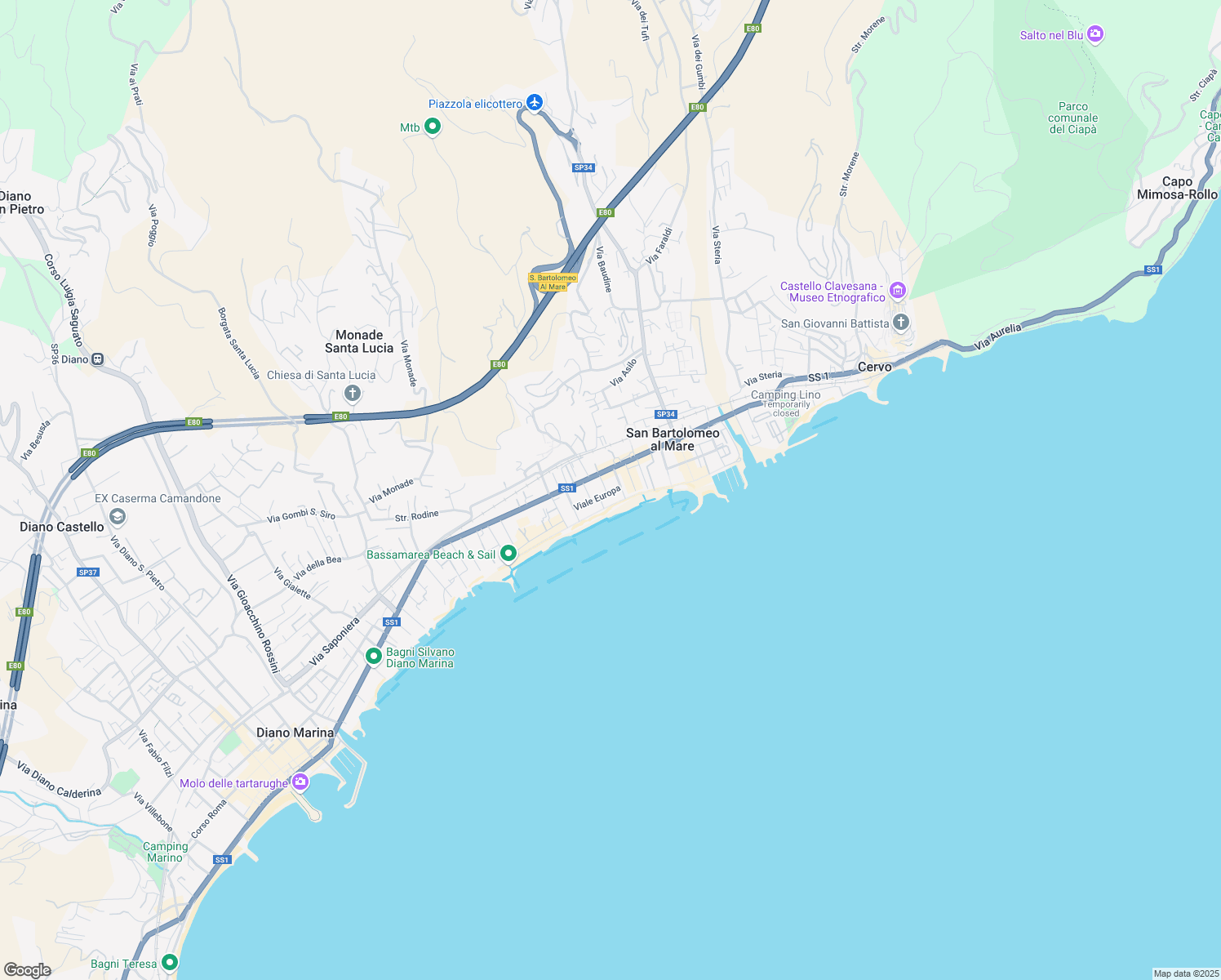 map of restaurants, bars, coffee shops, grocery stores, and more near 7 Viale Europa in San Bartolomeo al Mare