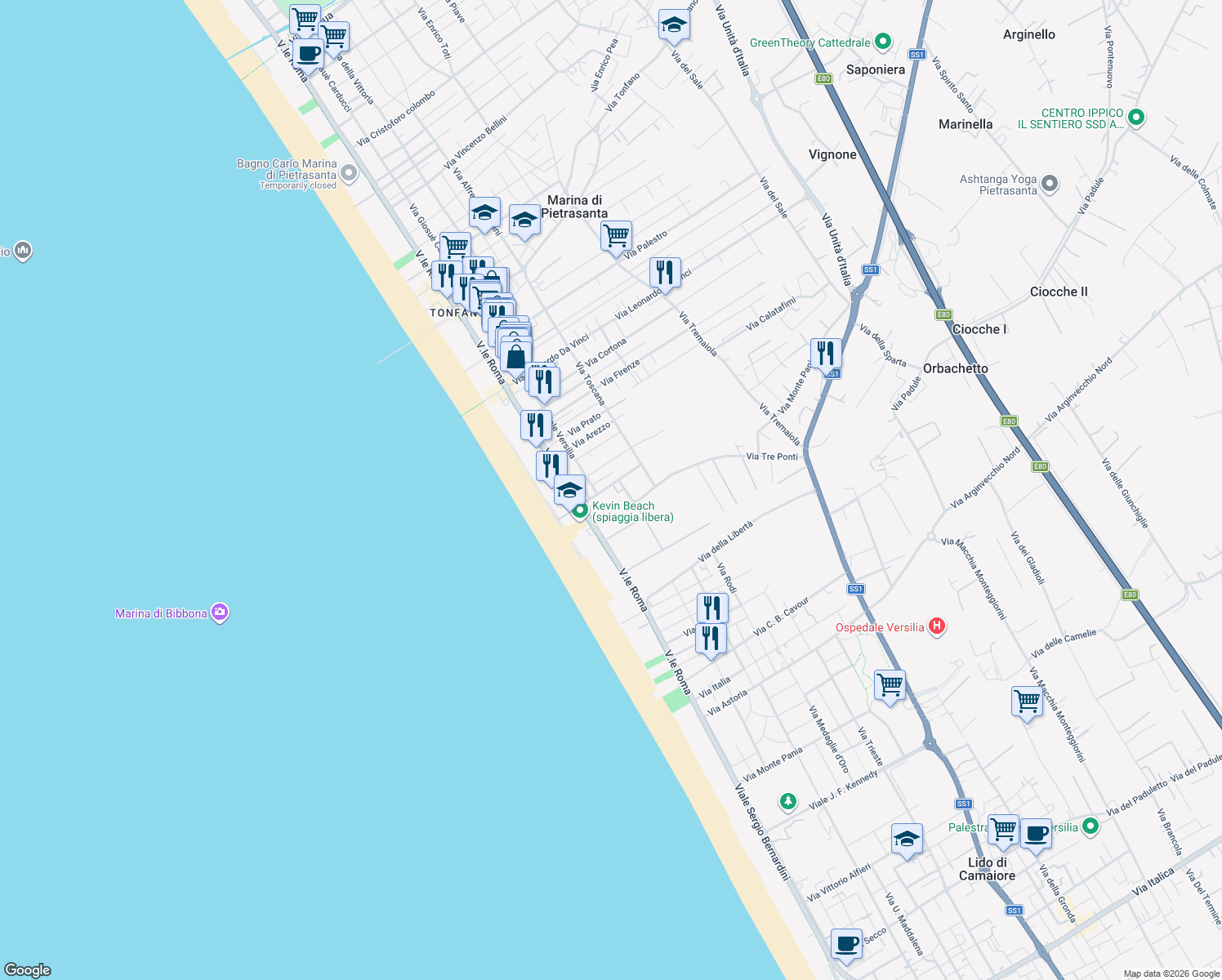 map of restaurants, bars, coffee shops, grocery stores, and more near 10 Via Tolmino in Marina di Pietrasanta