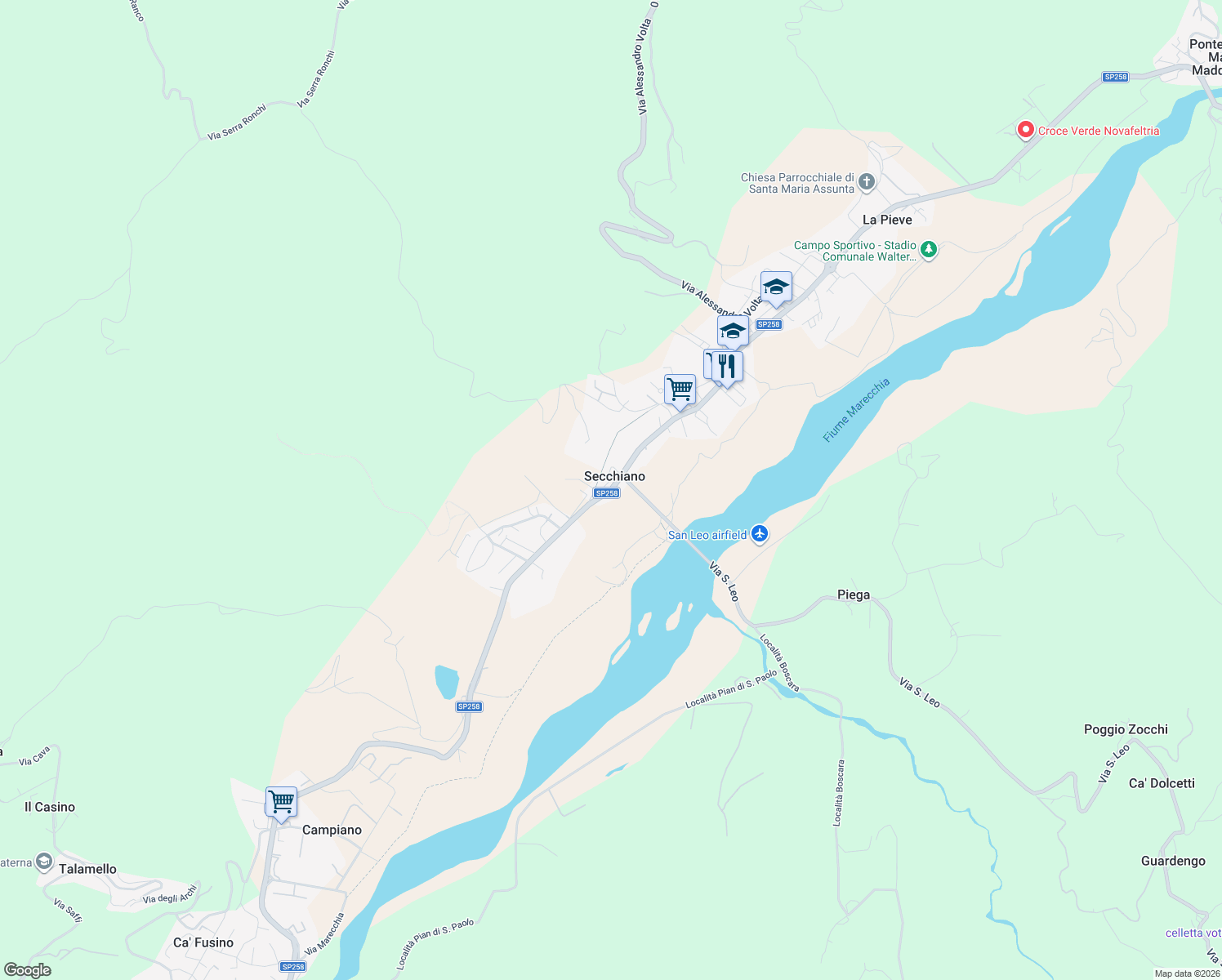 map of restaurants, bars, coffee shops, grocery stores, and more near in Secchiano