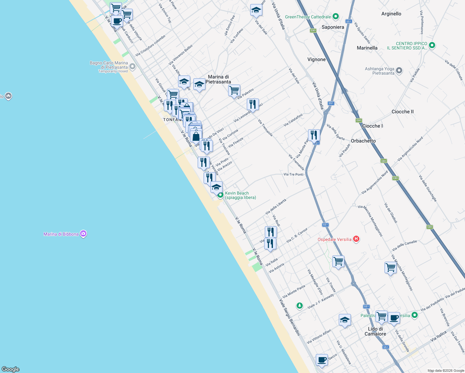 map of restaurants, bars, coffee shops, grocery stores, and more near 10 Via Tolmino in Marina di Pietrasanta